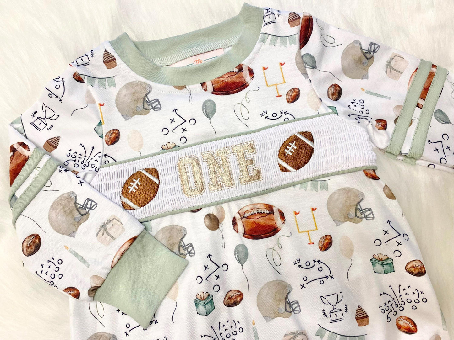 first year down football shirt first birthday boy romper fall green brown tan beige outfit, ONE smocked bubble romper first birthday footballs, party sports embroidered smocked 1st birthday outfit romper baby boys