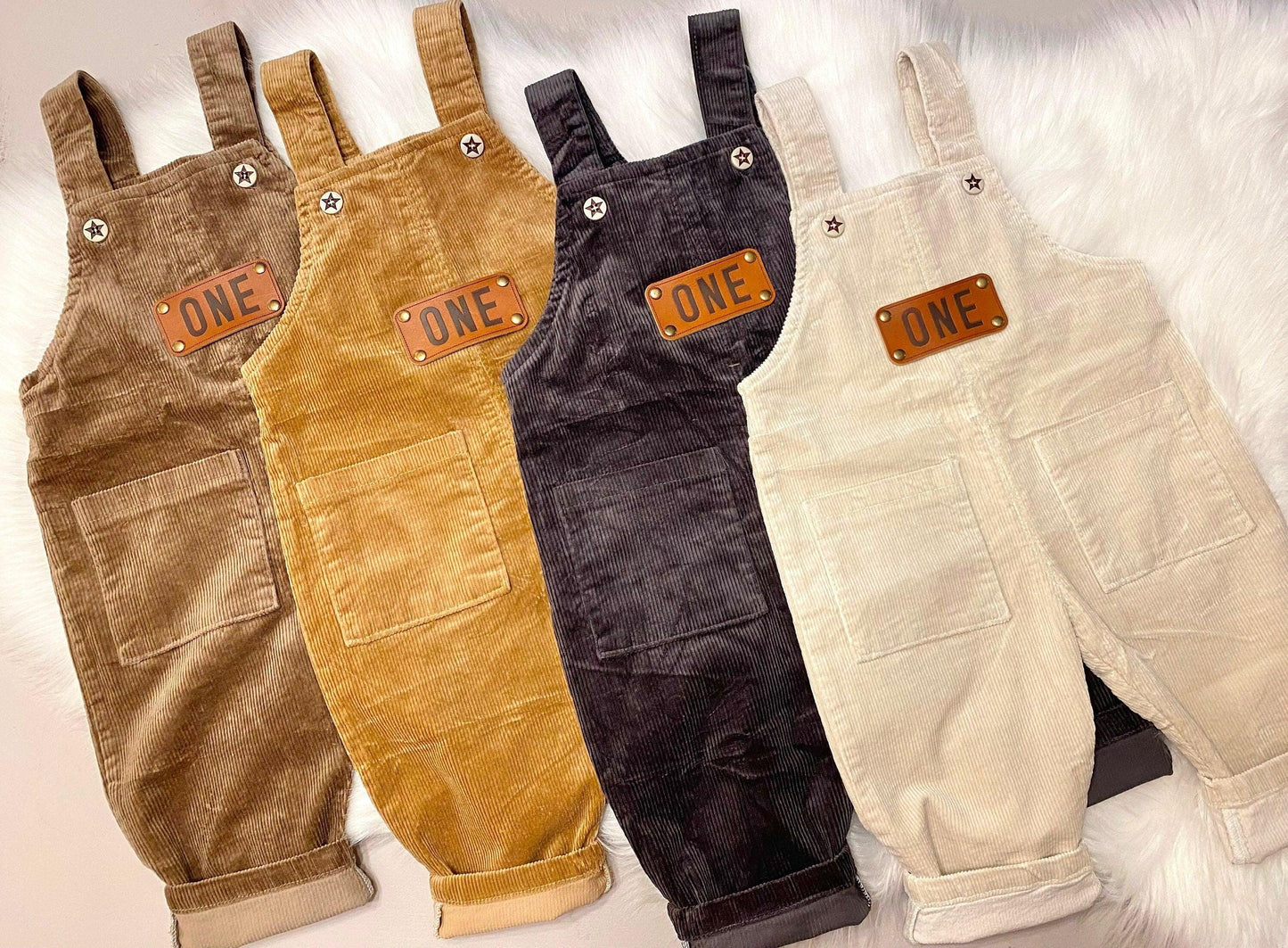 Brown tan cream neutral one boys romper first birthday overalls outfit, leather one patch, beary first, one happy camper, woodland first birthday, corduroy overalls baby boys first birthday outfit, fall winter boy birthday baby boys wild one romper