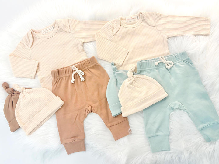 newborn baby boy twins outfit baby shower gift set bodysuit onesie hat joggers pants gift set, coming home outfit, going home outfit, take home outfit, newborn hospital basics, boy baby shower gift, organic cotton ribbed romper tie hat long sleeves boutique baby gift, twins, triplets' multiples outfits boy newborn baby khaki beige blue cream brown checkered, the mod mango baby boutique co