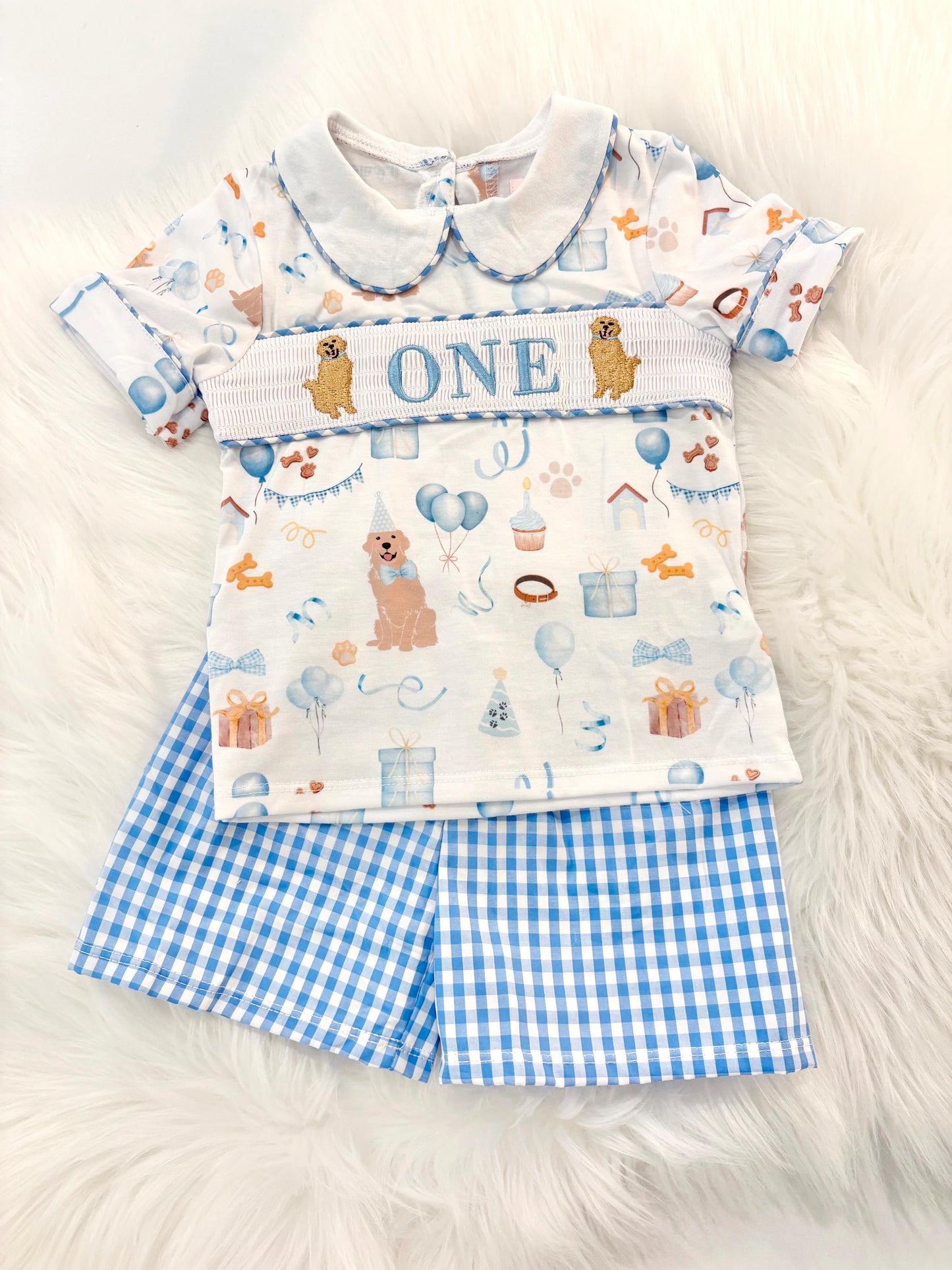 one golden year shirt first birthday boy shorts outfit blue white gingham blue tan beige gingham checkered outfit, ONE smocked bubble shirt first birthday puppy dog golden retriever, party puppy embroidered smocked 1st birthday outfit romper baby boys neutral blue and white shorts set
