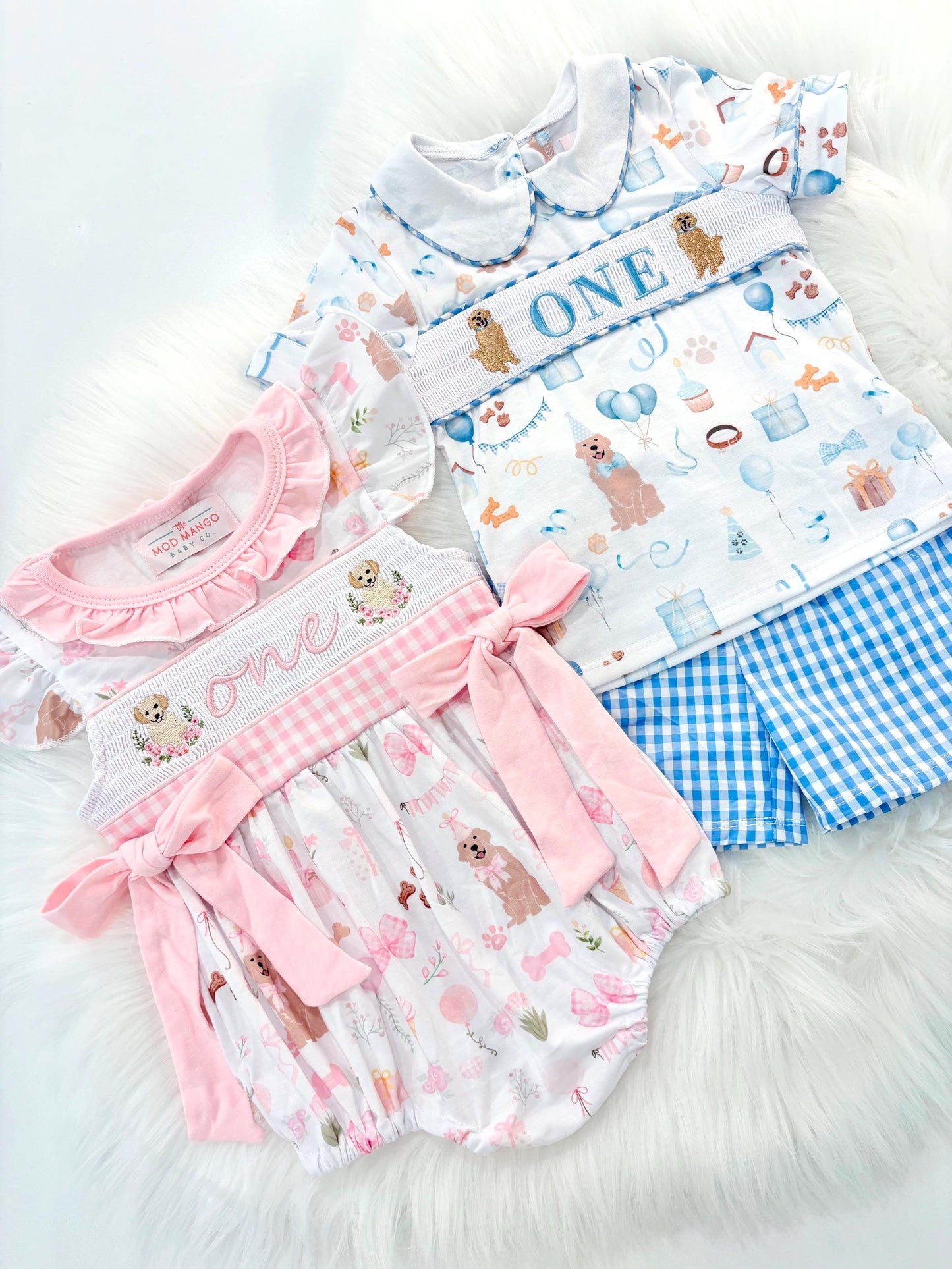 boy girl twins first birthday pink and blue puppy party one golden year shirt first birthday boy shorts outfit blue white gingham blue tan beige gingham checkered outfit, ONE smocked bubble shirt first birthday puppy dog golden retriever, party puppy embroidered smocked 1st birthday outfit romper baby boys neutral blue and white shorts set