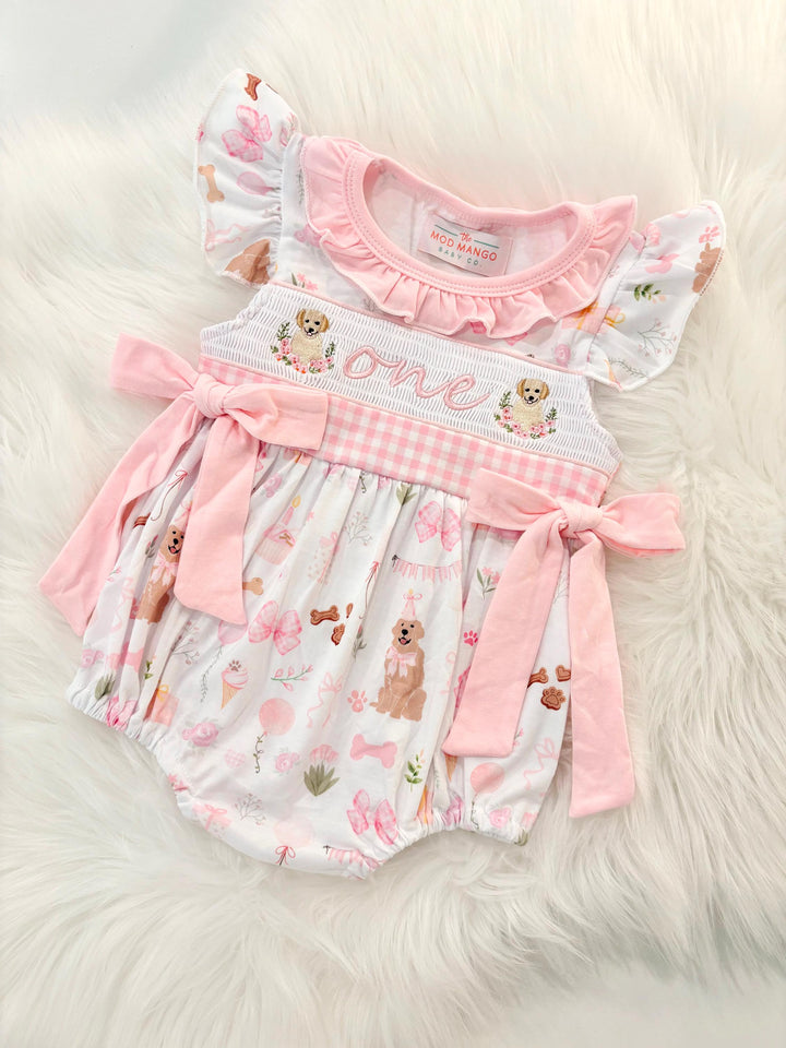one golden year first birthday outfit bubble romper pink and white gingham and bows first birthday girl romper pink and white gingham outfit, girls golden retriever puppy dog sweet white smocked bubble romper first birthday spring summer bows ruffle embroidered smocked puppy 1st birthday outfit romper baby girl cake smash outfit, the mod mango baby boutique co