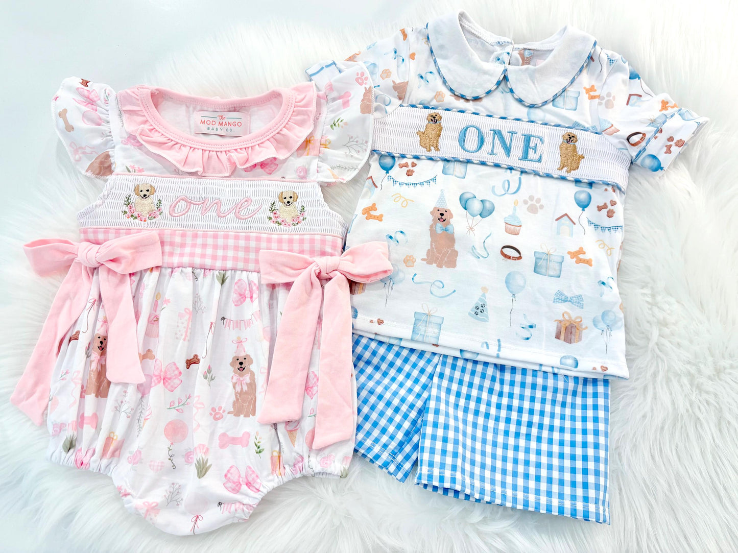 boy girl twins puppy party one golden year first birthday outfit bubble romper pink and white gingham and bows first birthday girl romper pink and white gingham outfit, girls golden retriever puppy dog sweet white smocked bubble romper first birthday spring summer bows ruffle embroidered smocked puppy 1st birthday outfit romper baby girl cake smash outfit