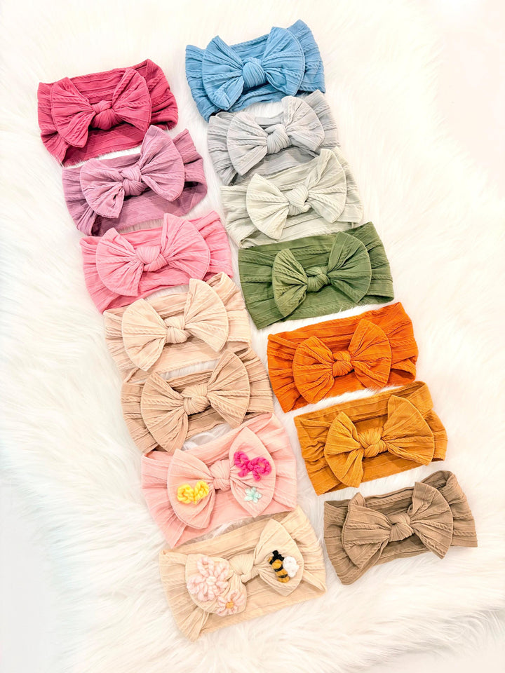 Baby Girl custom bow headband hand embroidered, nylon baby headband, toddler girls nylon headband, pink, purple cream ivory beige blue green gray orange tan brown beige light pink grey gray green blush, embroidered nylon headband bow baby girl toddler girl, baby girl custom hair accessory