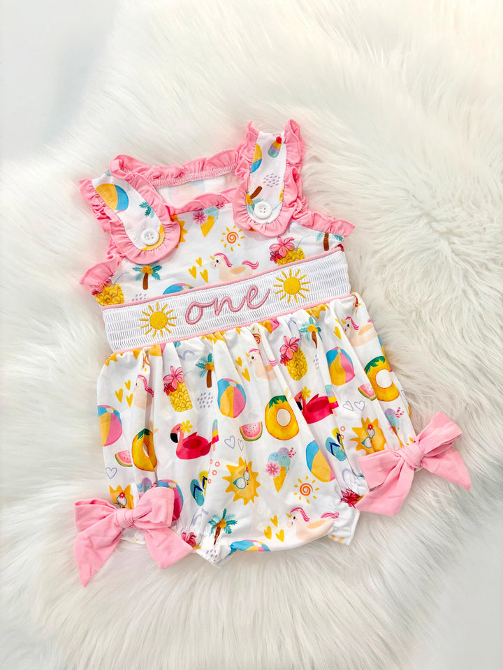 one in the sun first birthday outfit bubble romper hot pink pool party and bows first birthday girl romper pink ruffle beach baby outfit, girls sunshine sun smocked bubble romper first birthday summer bows ruffle embroidered smocked beach ball floaties 1st birthday outfit romper baby girl cake smash outfit summertime, pink turquoise yellow pineapple, the mod mango baby boutique co