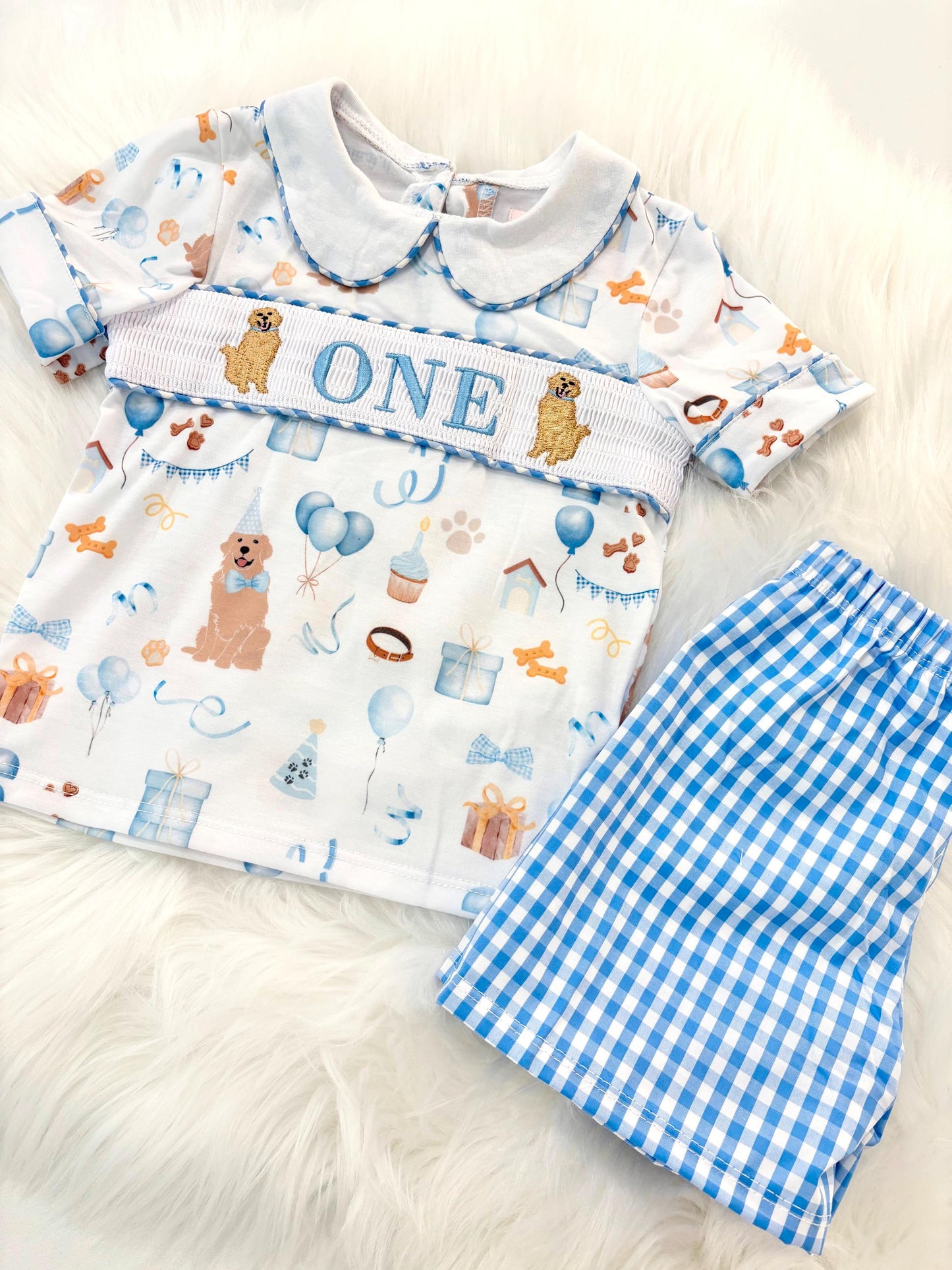 one golden year shirt first birthday boy shorts outfit blue white gingham blue tan beige gingham checkered outfit, ONE smocked bubble shirt first birthday puppy dog golden retriever, party puppy embroidered smocked 1st birthday outfit romper baby boys neutral blue and white shorts set