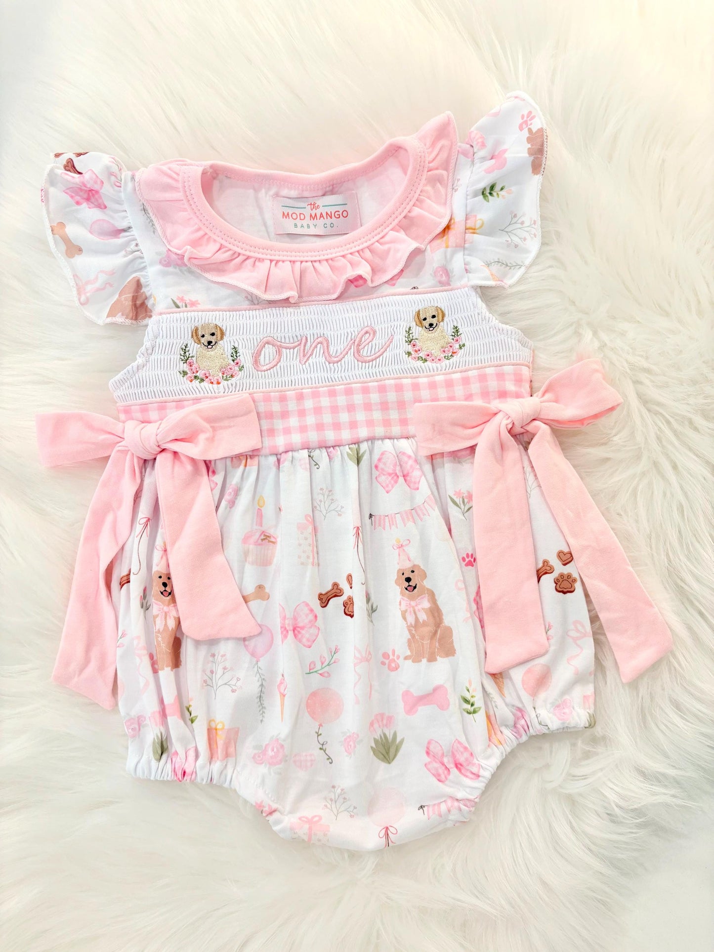 one golden year first birthday outfit bubble romper pink and white gingham and bows first birthday girl romper pink and white gingham outfit, girls golden retriever puppy dog sweet white smocked bubble romper first birthday spring summer bows ruffle embroidered smocked puppy 1st birthday outfit romper baby girl cake smash outfit
