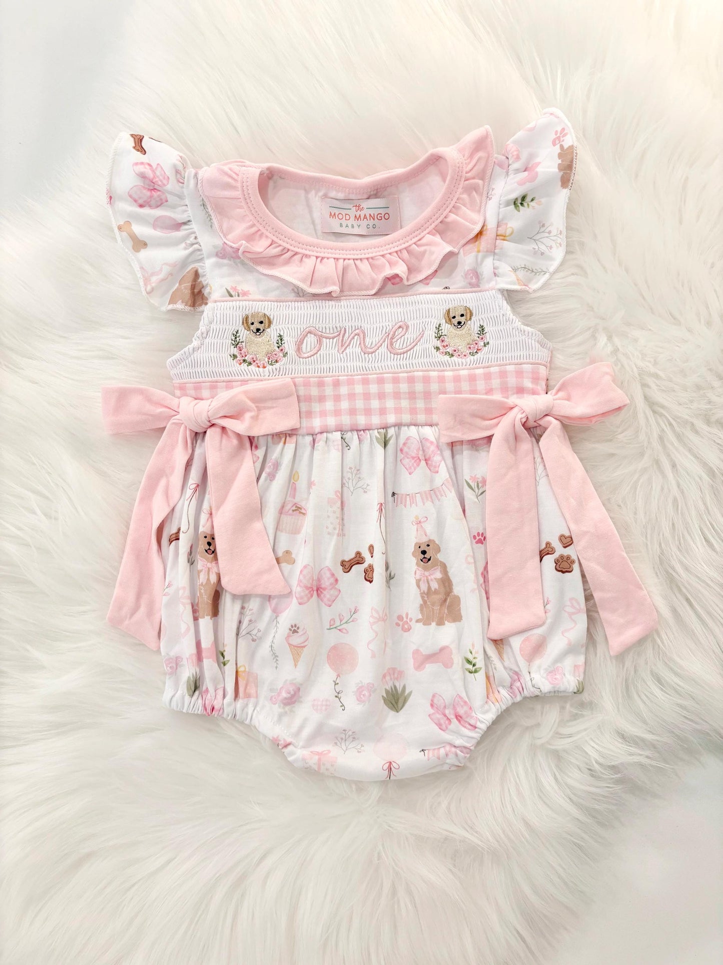 one golden year first birthday outfit bubble romper pink and white gingham and bows first birthday girl romper pink and white gingham outfit, girls golden retriever puppy dog sweet white smocked bubble romper first birthday spring summer bows ruffle embroidered smocked puppy 1st birthday outfit romper baby girl cake smash outfit