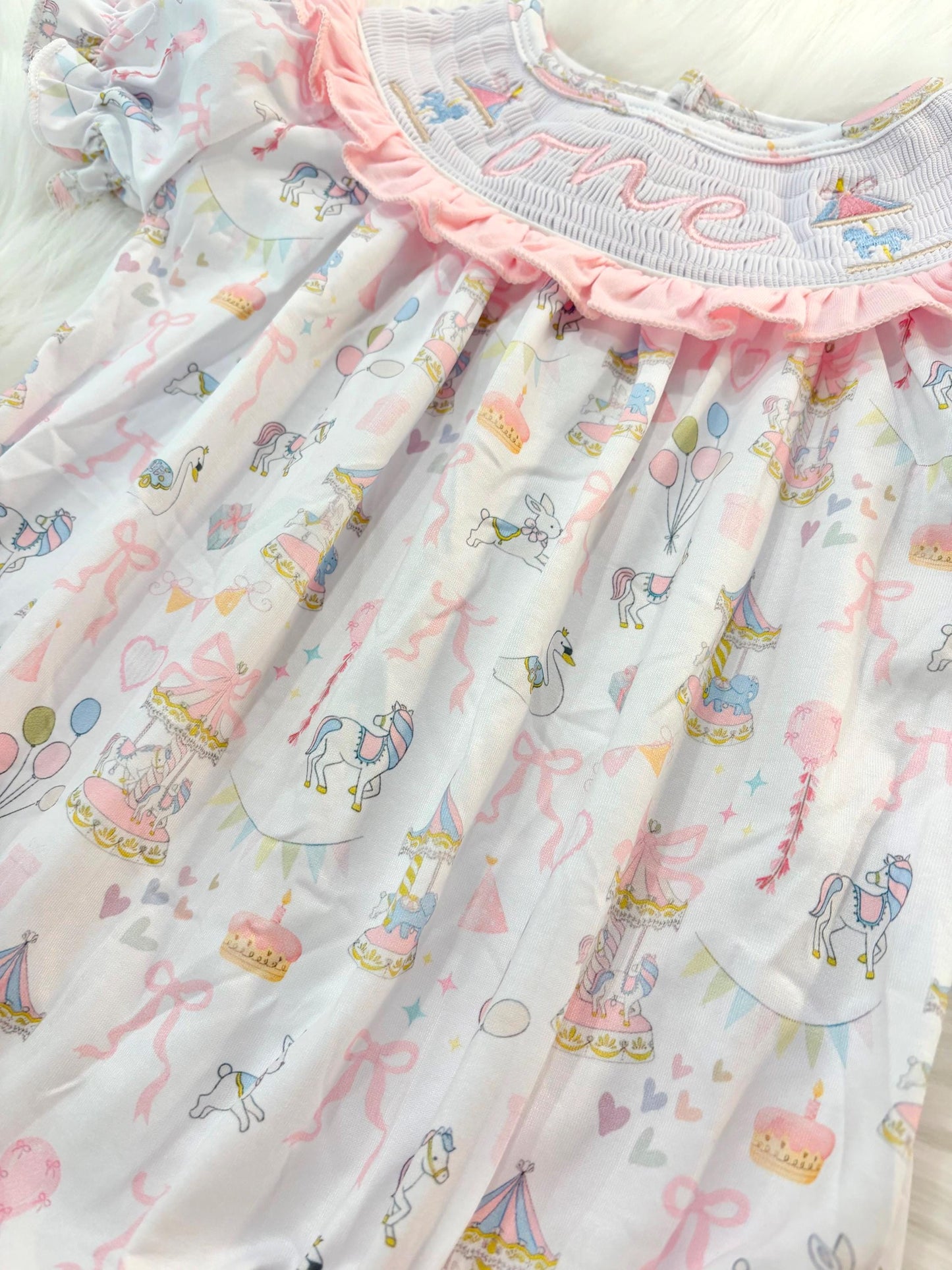 carousel merry go round girls first birthday bubble romper outfit pink bows first birthday girl romper pink and white outfit, pink blue green white pastel smocked romper first birthday embroidered carousel smocked short sleeve 1st birthday outfit ruffle outfit baby girls, the mod mango baby boutique co