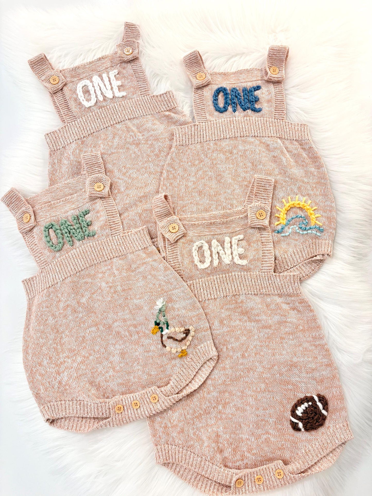 ONE boys neutral tan brown cream boho First Birthday Outfit, 1st Birthday romper outfit baby boy, beary first, green blue cream white knitted knit baby romper, winter spring summer birthday, boho neutrals birthday boy suspenders outfit romper, one lucky duck, one in the sun, the big one wave, football, first year down