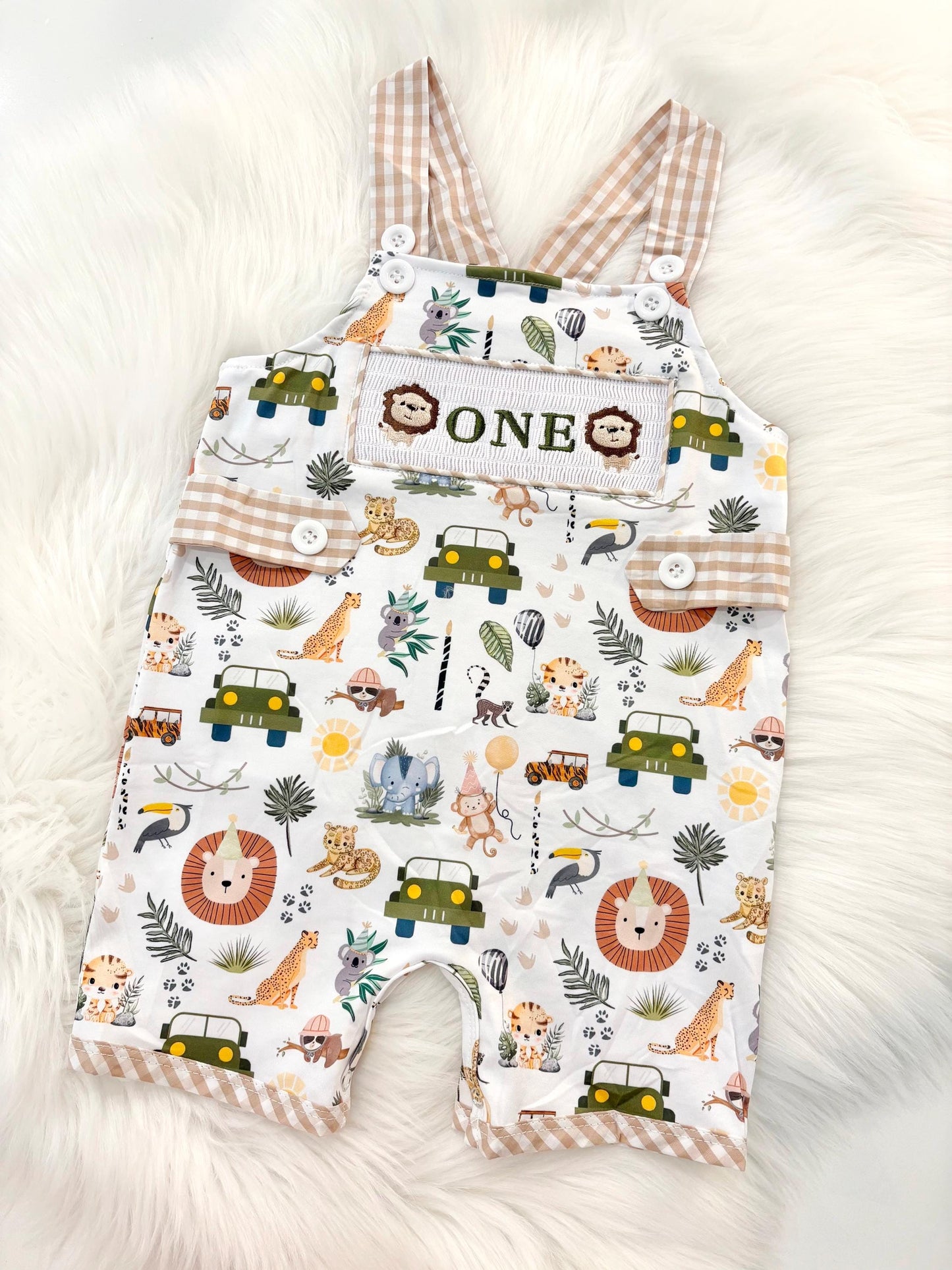 wild one safari first birthday boy romper camping hunter green white gingham tan beige brown smash cake outfit overalls, ONE smocked romper first birthday wild one safari, animals lion embroidered smocked spring summer 1st birthday boy outfit romper baby boys cake smash outfit, the mod mango baby boutique co