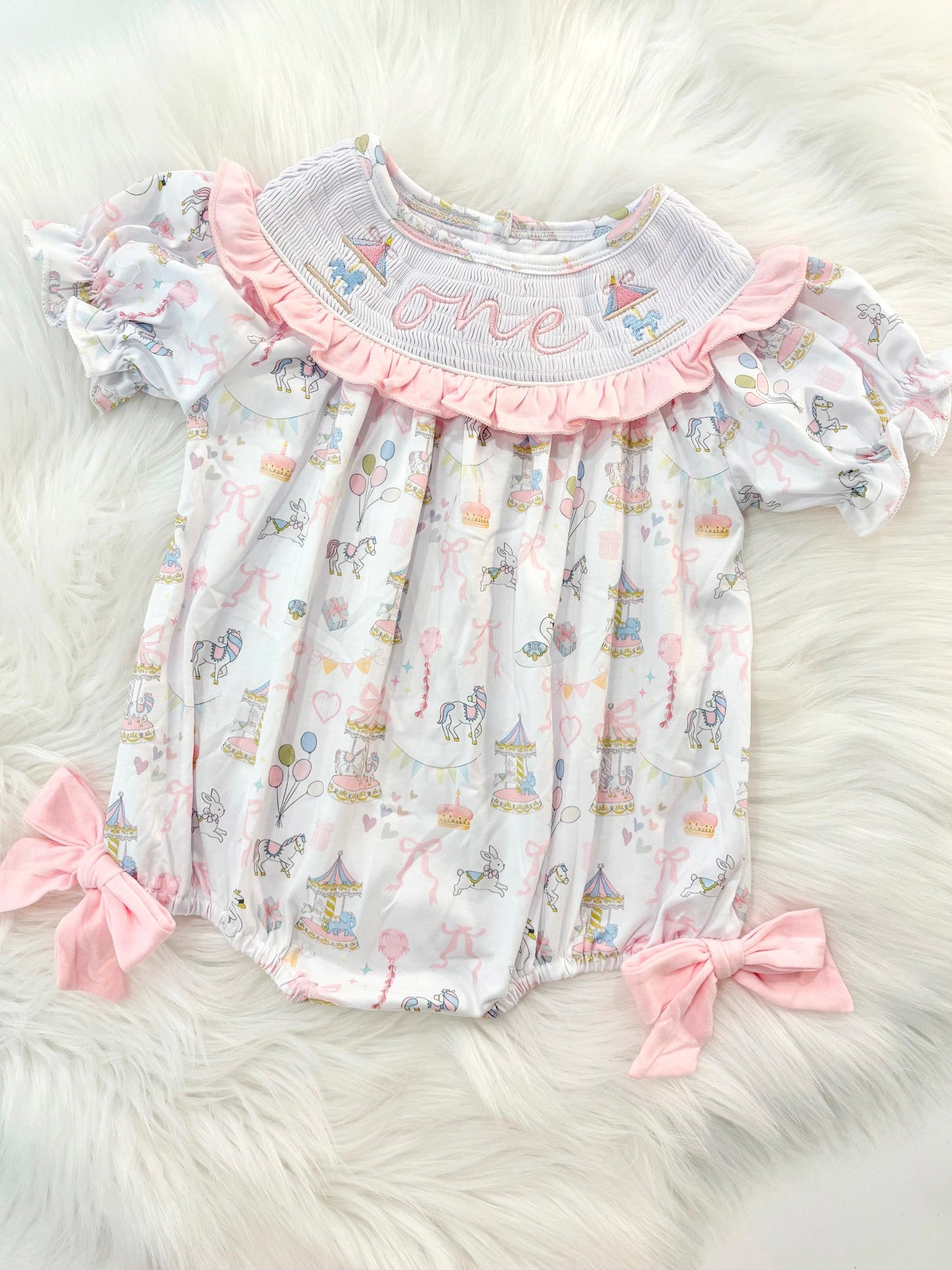 carousel merry go round girls first birthday bubble romper outfit pink bows first birthday girl romper pink and white outfit, pink blue green white pastel smocked romper first birthday embroidered carousel smocked short sleeve 1st birthday outfit ruffle outfit baby girls, the mod mango baby boutique co