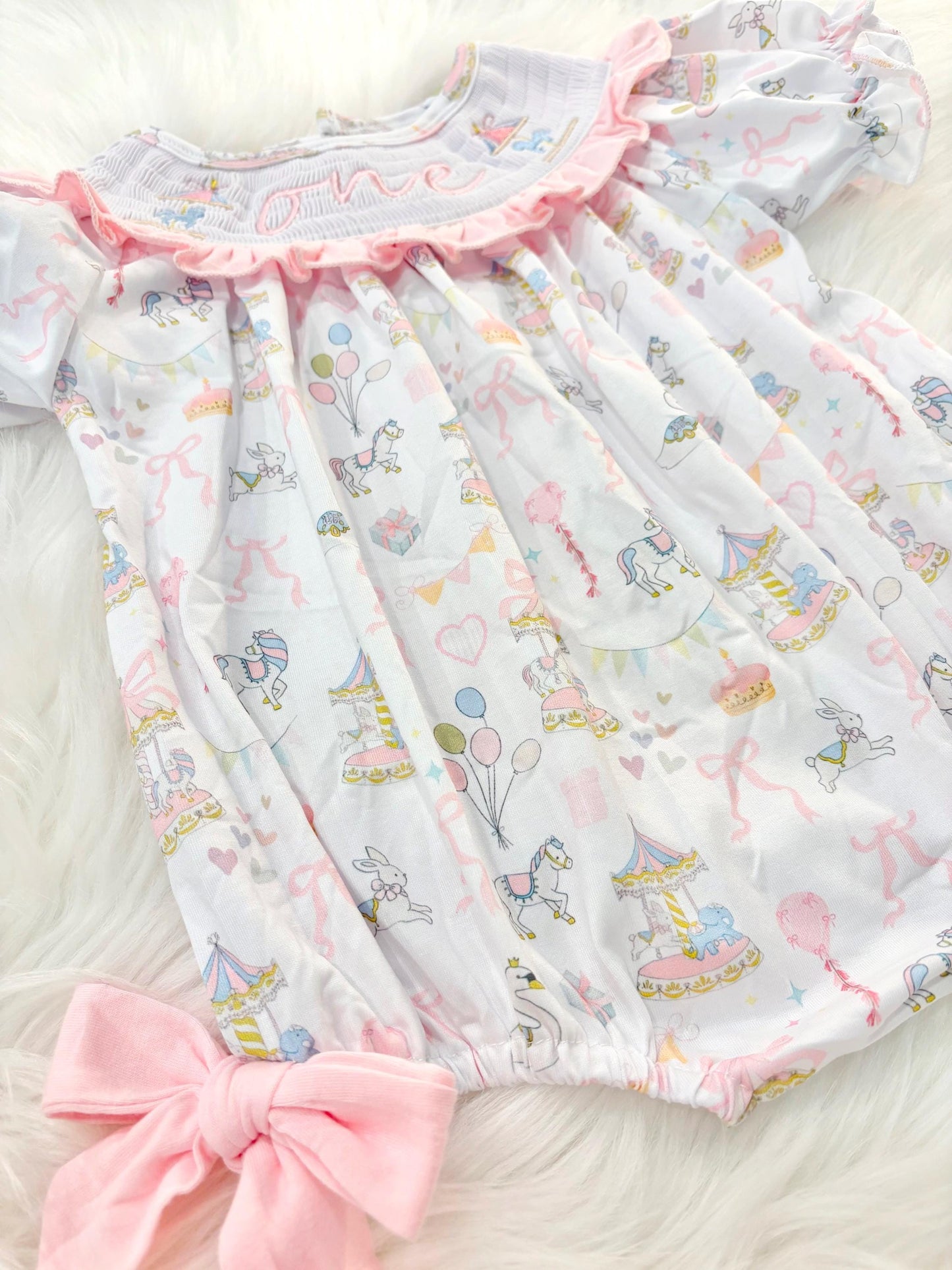 carousel merry go round girls first birthday bubble romper outfit pink bows first birthday girl romper pink and white outfit, pink blue green white pastel smocked romper first birthday embroidered carousel smocked short sleeve 1st birthday outfit ruffle outfit baby girls, the mod mango baby boutique co