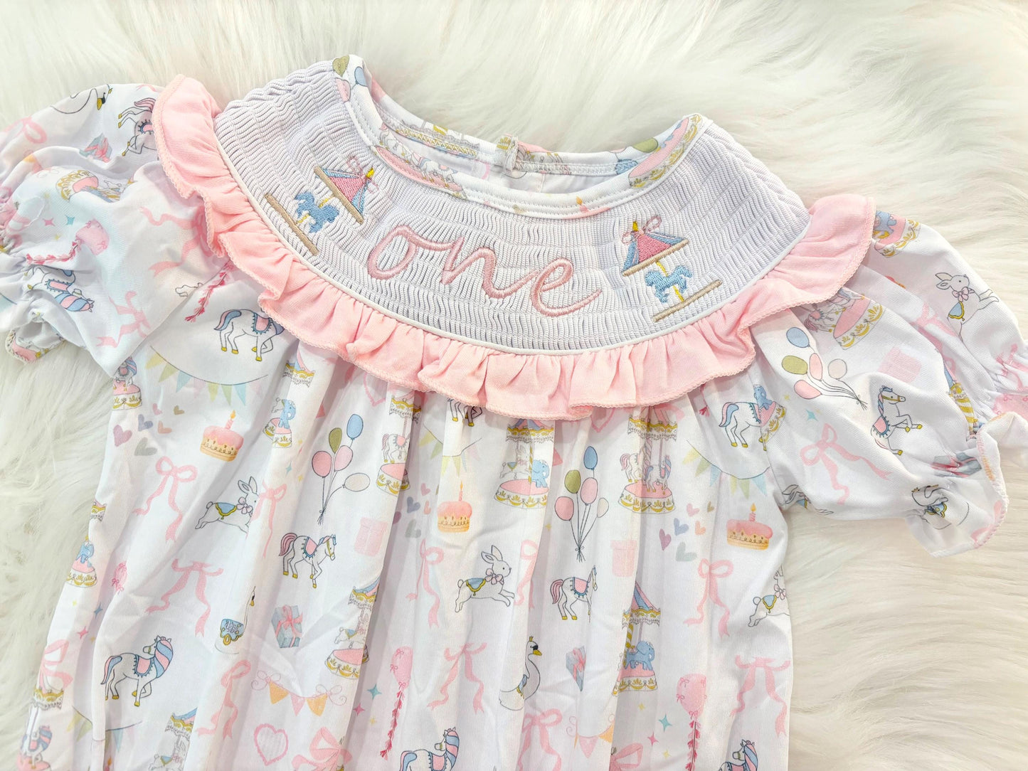 carousel merry go round girls first birthday bubble romper outfit pink bows first birthday girl romper pink and white outfit, pink blue green white pastel smocked romper first birthday embroidered carousel smocked short sleeve 1st birthday outfit ruffle outfit baby girls, the mod mango baby boutique co