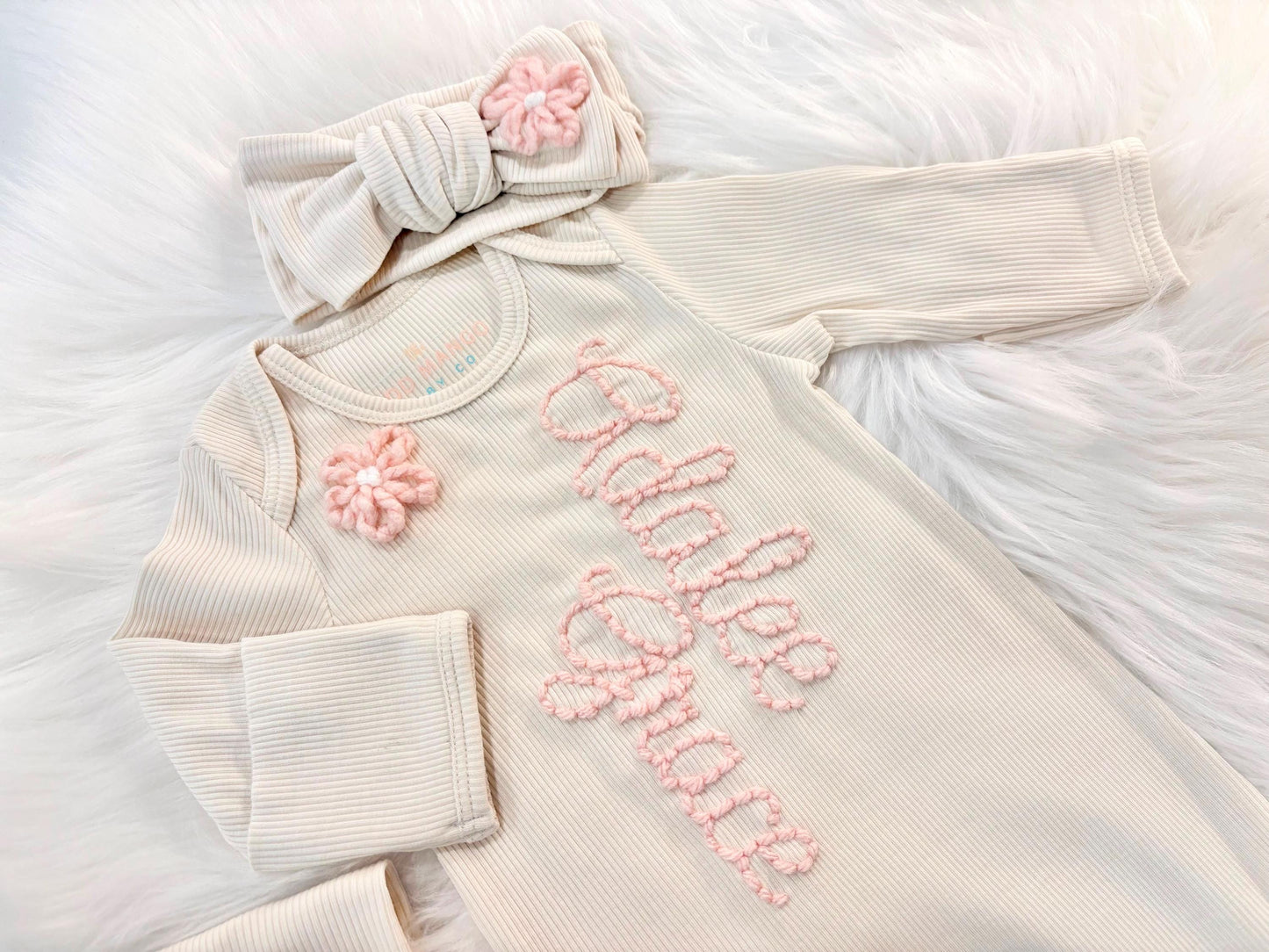 hand embroidered baby gown with flowers for baby girl, personalized baby shower gift for girl, light pink blush beige cream baby gift, newborn swaddle headband, coming home outfit, baby shower gift set, pregnancy announcement, custom newborn baby gown with name, hand embroidered baby gift set, the mod mango baby boutique co