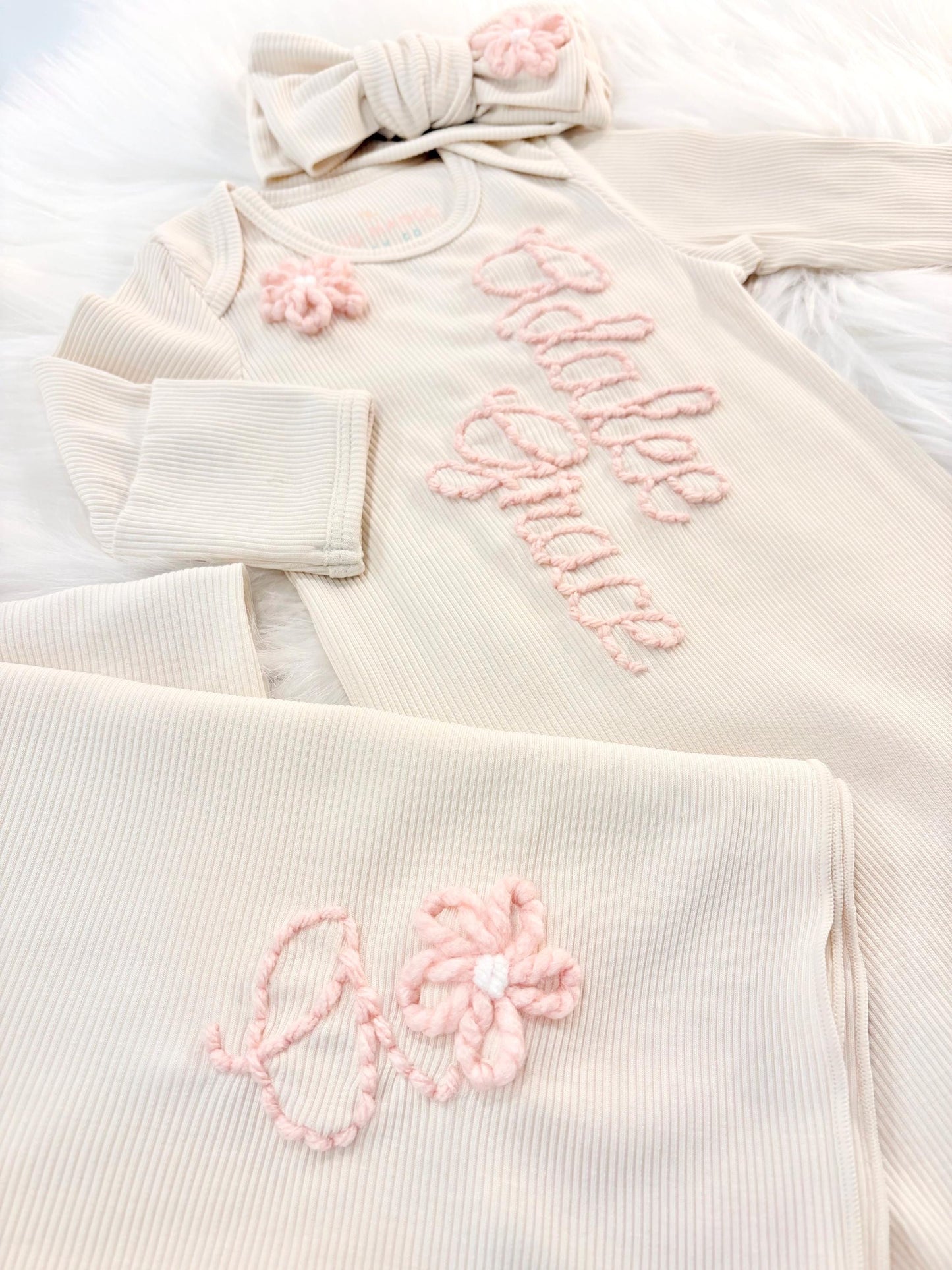 hand embroidered baby gown with flowers for baby girl, personalized baby shower gift for girl, light pink blush beige cream baby gift, newborn swaddle headband, coming home outfit, baby shower gift set, pregnancy announcement, custom newborn baby gown with name, hand embroidered baby gift set, the mod mango baby boutique co