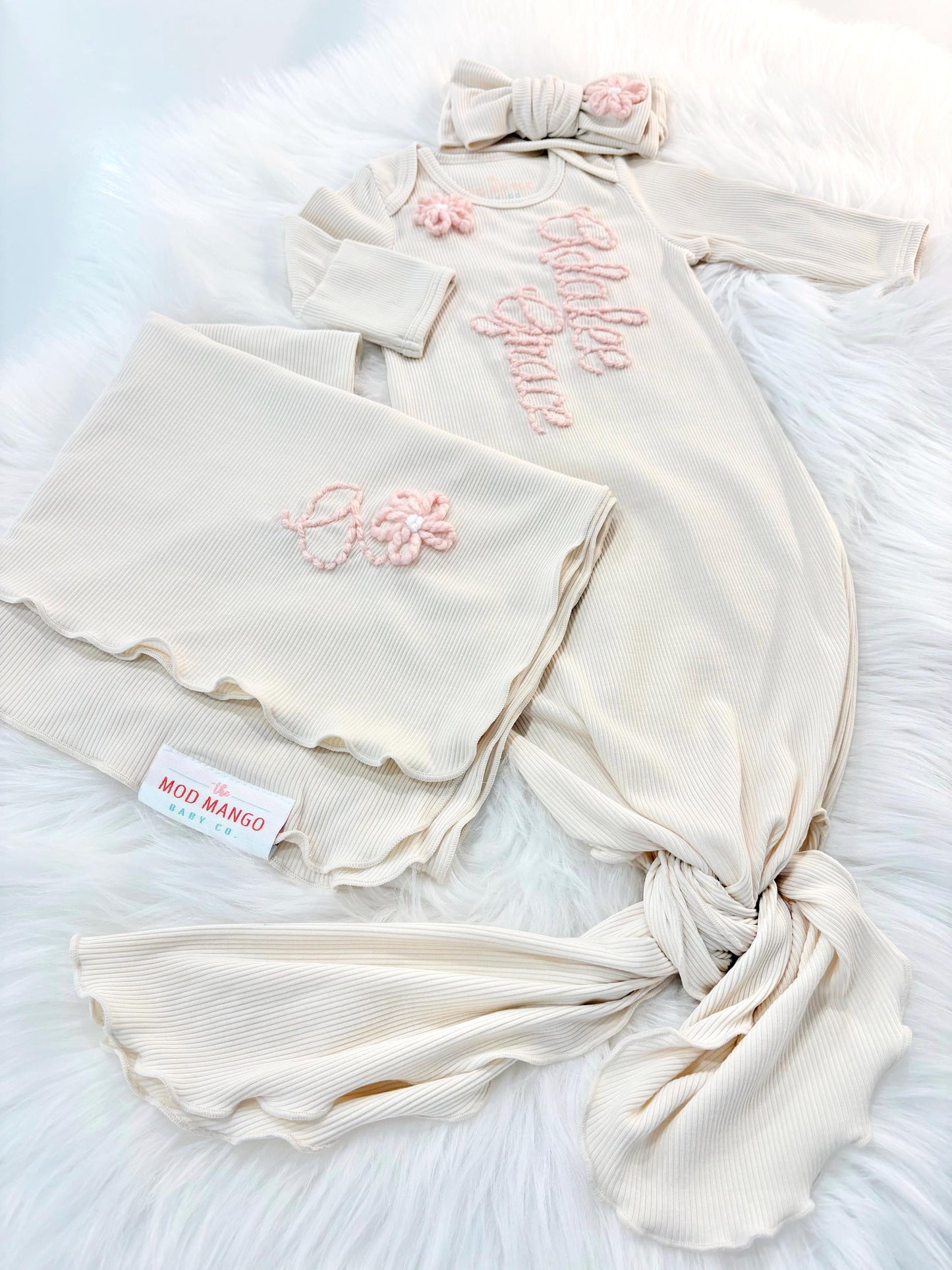 hand embroidered baby gown with flowers for baby girl, personalized baby shower gift for girl, light pink blush beige cream baby gift, newborn swaddle headband, coming home outfit, baby shower gift set, pregnancy announcement, custom newborn baby gown with name, hand embroidered baby gift set, the mod mango baby boutique co