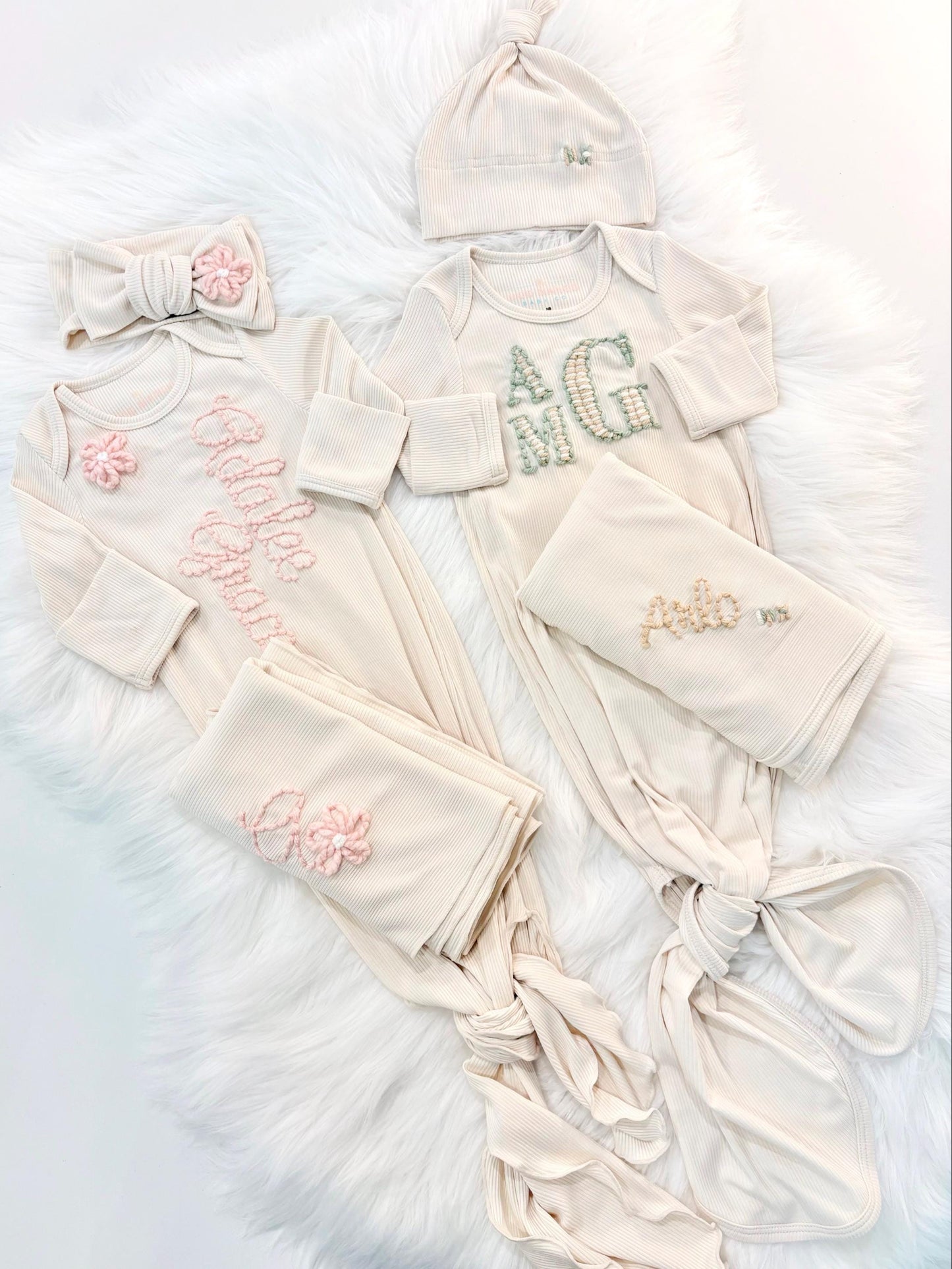 hand embroidered baby gown with flowers for baby girl boy twins, personalized baby shower gift for girl, light pink blush beige cream baby gift, newborn swaddle headband, coming home outfit, baby shower gift set, pregnancy announcement, custom newborn baby gown with name, hand embroidered baby gift set, the mod mango baby boutique co