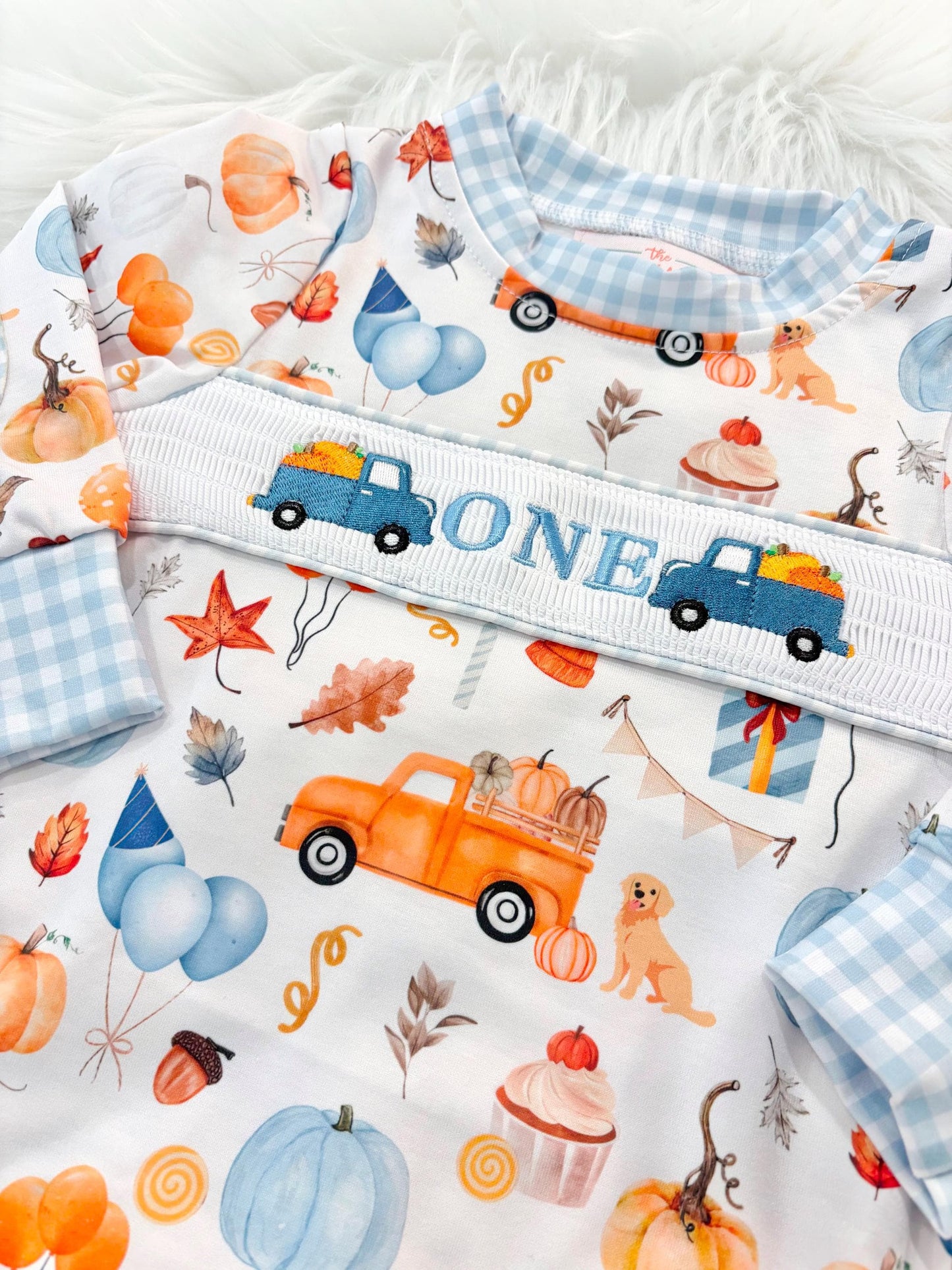 little pumpkin one shirt first birthday boy romper fall orange blue white gingham checkered outfit, ONE smocked bubble romper first birthday fall pumpkins puppy dog truck leaves blue pumpkin, pumpkin truck embroidered smocked 1st birthday outfit romper baby boys, the mod mango baby co baby boutique
