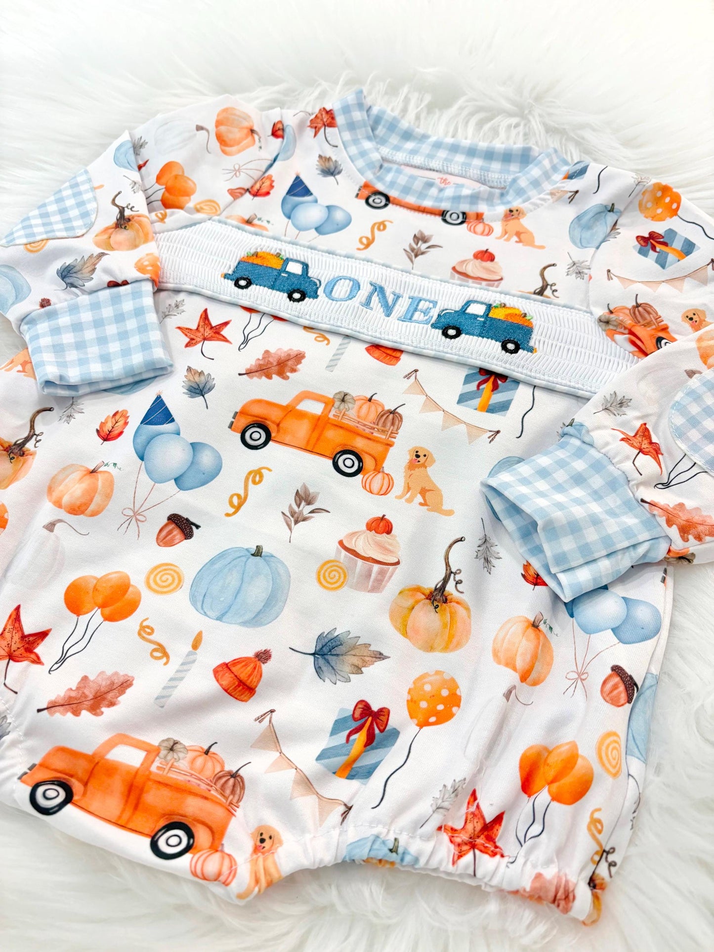 little pumpkin one shirt first birthday boy romper fall orange blue white gingham checkered outfit, ONE smocked bubble romper first birthday fall pumpkins puppy dog truck leaves blue pumpkin, pumpkin truck embroidered smocked 1st birthday outfit romper baby boys, the mod mango baby co baby boutique