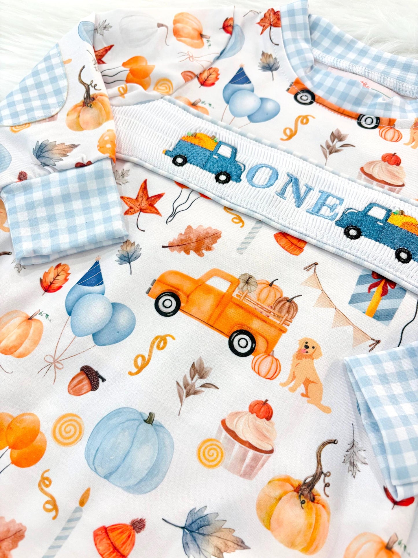 little pumpkin one shirt first birthday boy romper fall orange blue white gingham checkered outfit, ONE smocked bubble romper first birthday fall pumpkins puppy dog truck leaves blue pumpkin, pumpkin truck embroidered smocked 1st birthday outfit romper baby boys, the mod mango baby co baby boutique