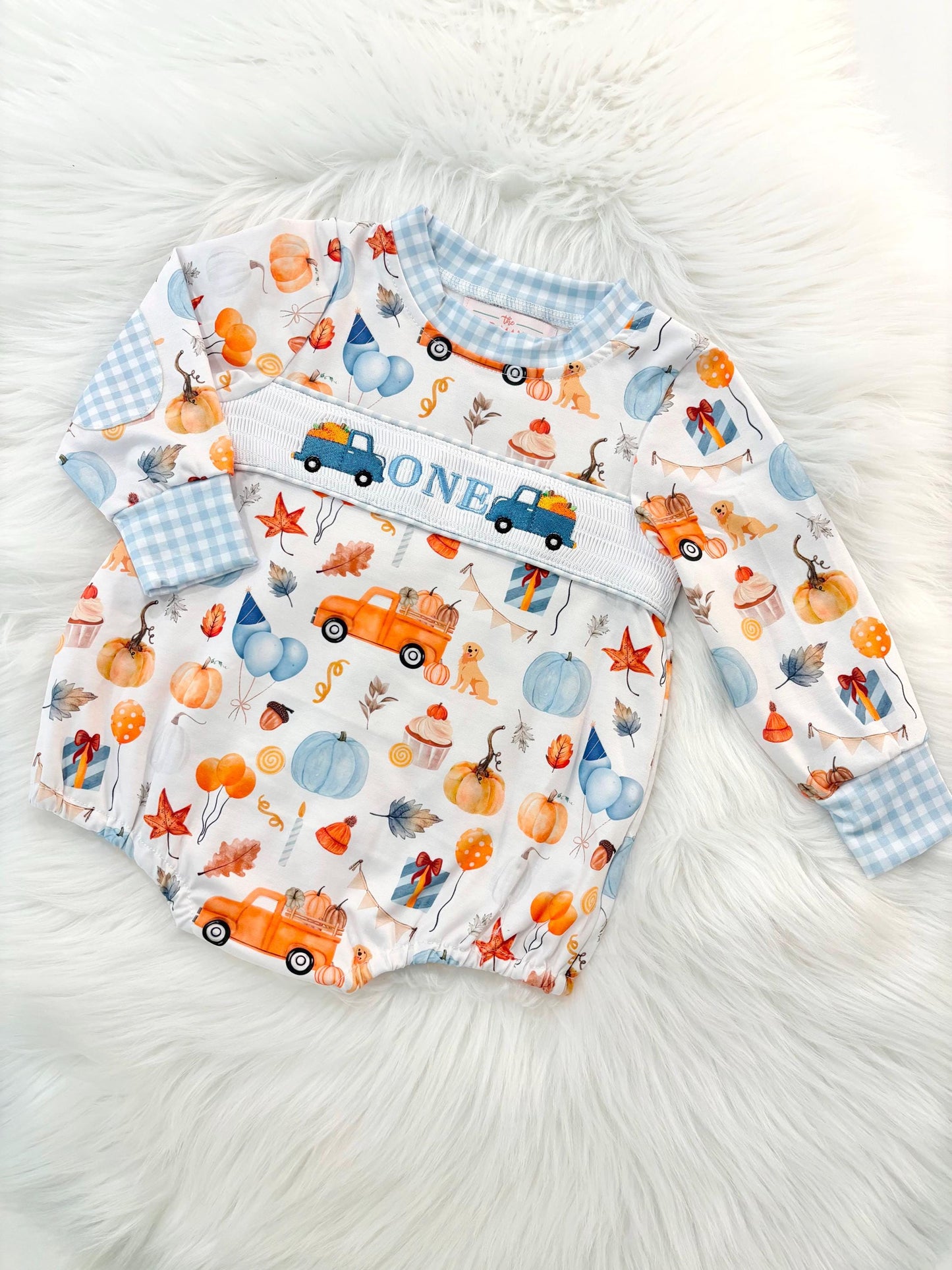 little pumpkin one shirt first birthday boy romper fall orange blue white gingham checkered outfit, ONE smocked bubble romper first birthday fall pumpkins puppy dog truck leaves blue pumpkin, pumpkin truck embroidered smocked 1st birthday outfit romper baby boys, the mod mango baby co baby boutique