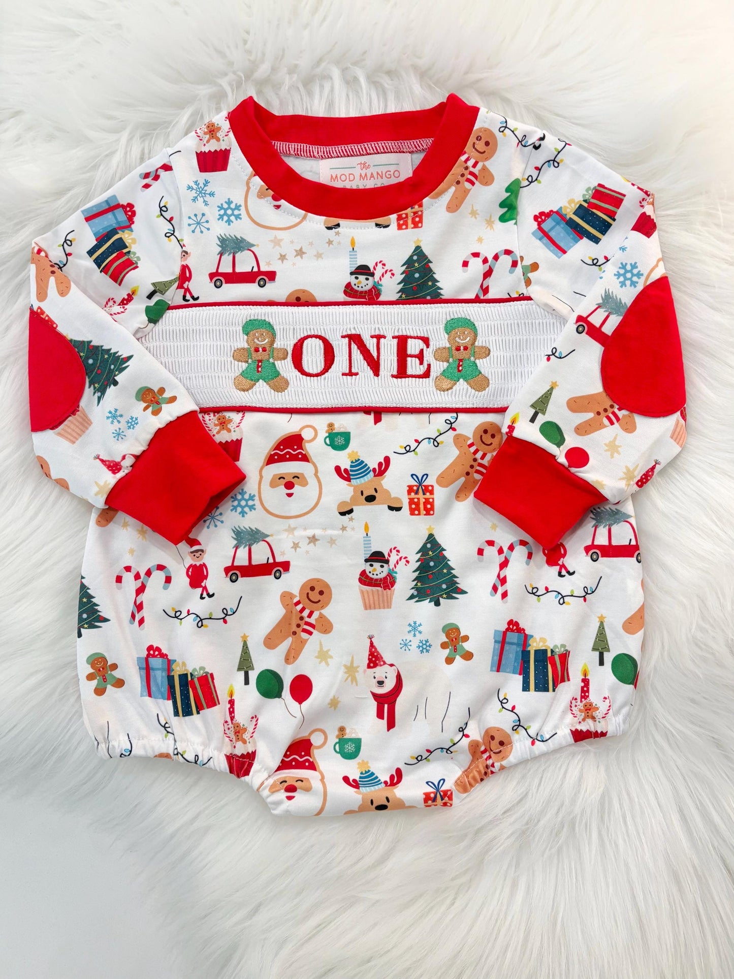 christmas gingerbread one shirt first birthday boy romper red white green blue tan holiday outfit, ONE smocked bubble romper first birthday christmas oh what fun candy canes christmas trees boys, santa claus embroidered smocked 1st birthday outfit romper baby boys, the mod mango baby co baby boutique