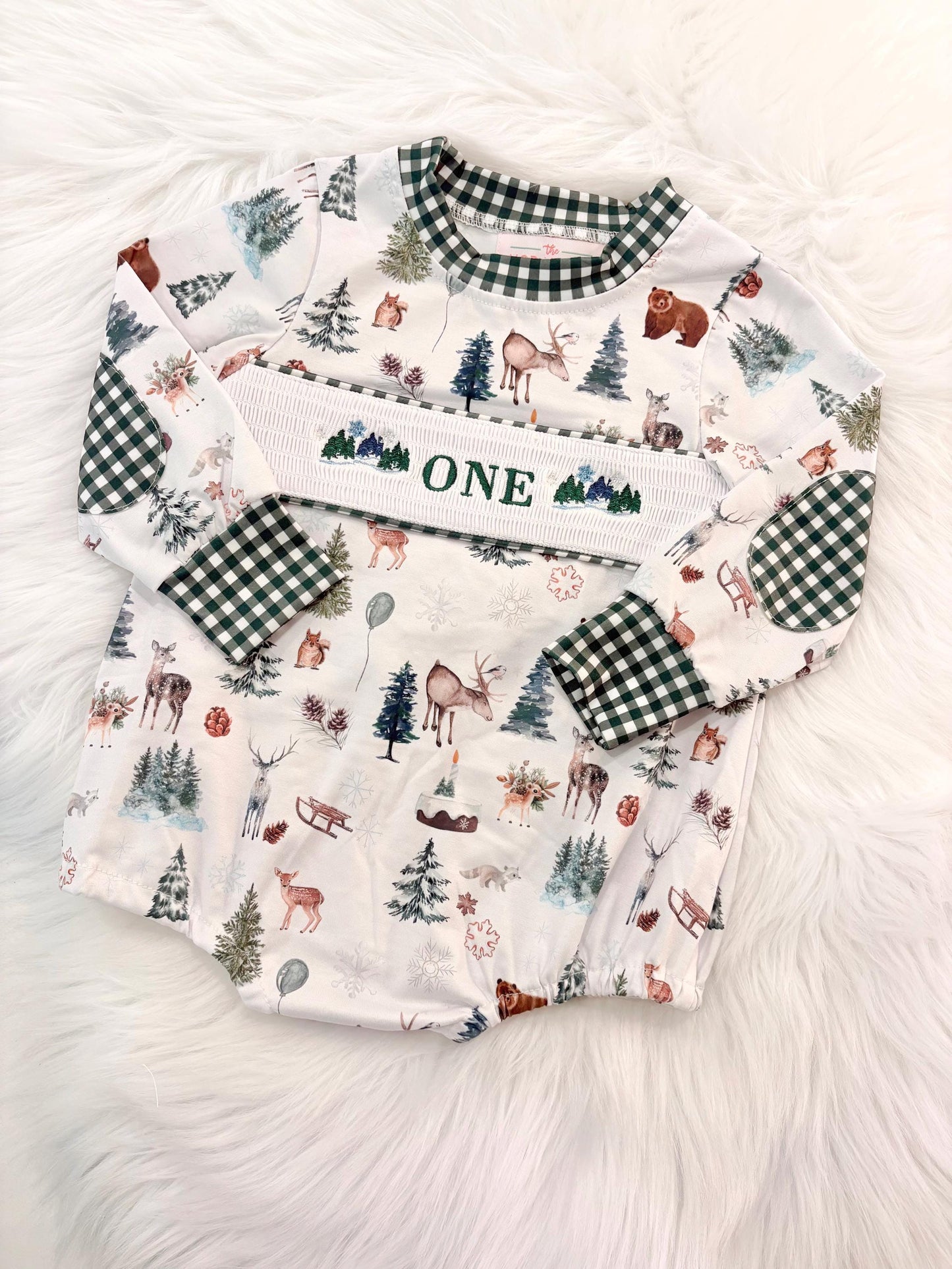 Christmas winter onederland wonderland shirt first birthday boy romper holiday blue brown hunter green white gingham checkered outfit, ONE smocked bubble romper first birthday bear pine trees deer woodland animals, snowflake and pine trees embroidered smocked 1st birthday outfit romper baby boys, the mod mango baby co baby boutique