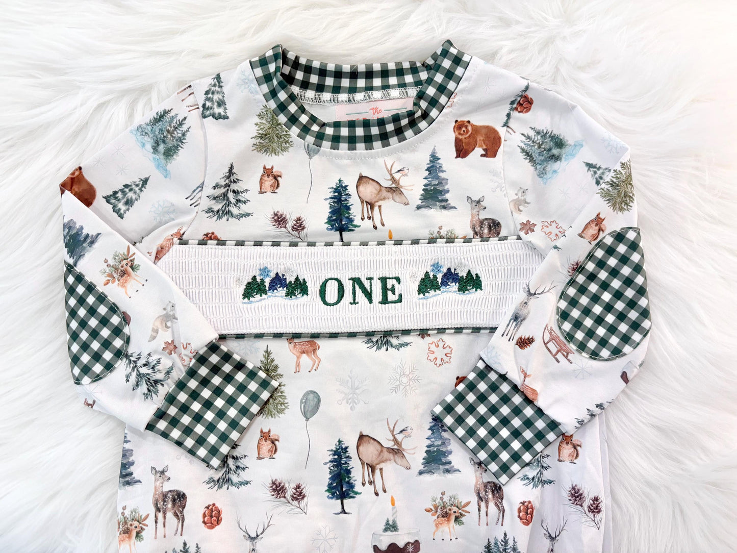Christmas winter onederland wonderland shirt first birthday boy romper holiday blue brown hunter green white gingham checkered outfit, ONE smocked bubble romper first birthday bear pine trees deer woodland animals, snowflake and pine trees embroidered smocked 1st birthday outfit romper baby boys, the mod mango baby co baby boutique