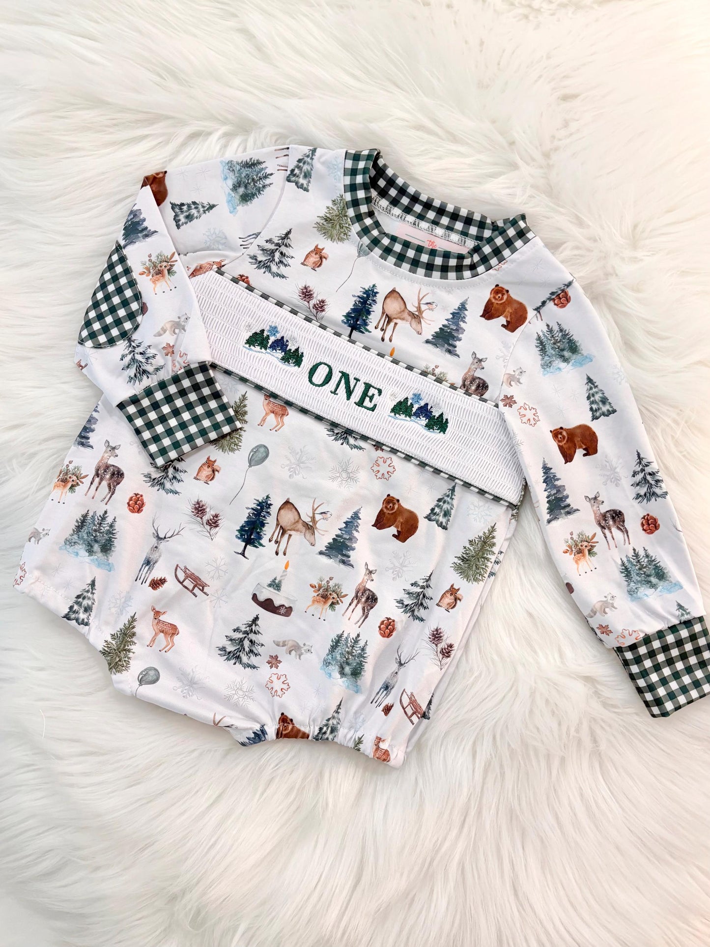 Christmas winter onederland wonderland shirt first birthday boy romper holiday blue brown hunter green white gingham checkered outfit, ONE smocked bubble romper first birthday bear pine trees deer woodland animals, snowflake and pine trees embroidered smocked 1st birthday outfit romper baby boys, the mod mango baby co baby boutique