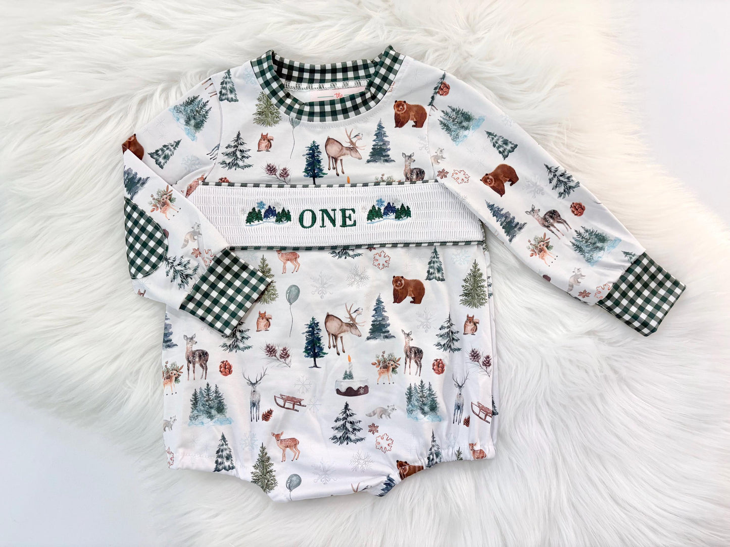 Christmas winter onederland wonderland shirt first birthday boy romper holiday blue brown hunter green white gingham checkered outfit, ONE smocked bubble romper first birthday bear pine trees deer woodland animals, snowflake and pine trees embroidered smocked 1st birthday outfit romper baby boys, the mod mango baby co baby boutique
