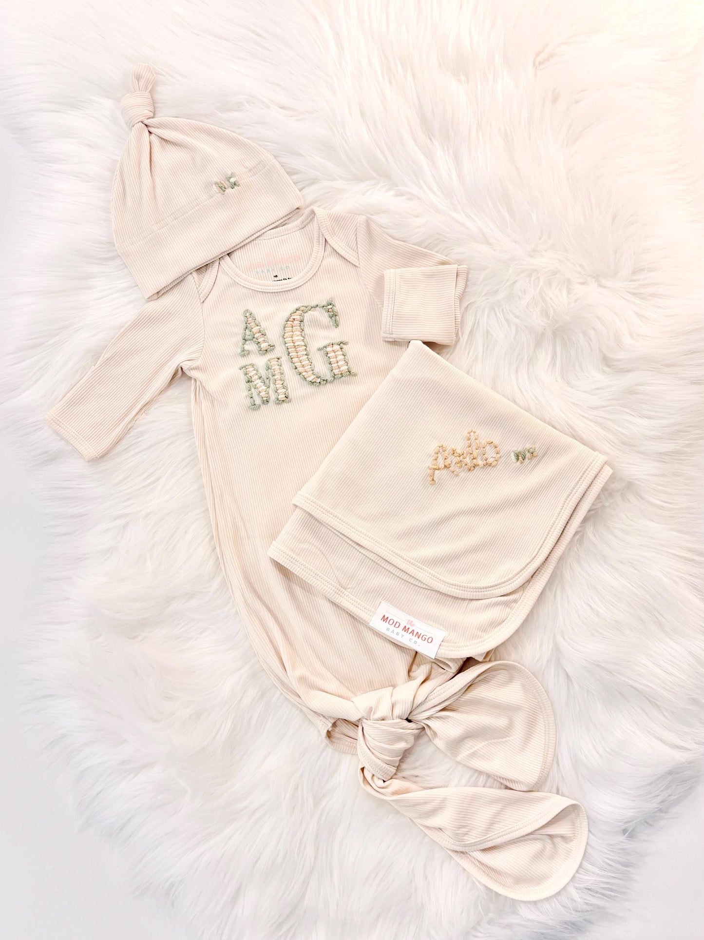 hand embroidered baby gown striped monogrammed initials for baby boy, personalized baby shower gift for boy, sage green cream tan beige cream baby gift, newborn swaddle and hat, coming home outfit, baby shower gift set, pregnancy announcement, custom newborn baby gown with name, hand embroidered baby gift set, the mod mango baby boutique co