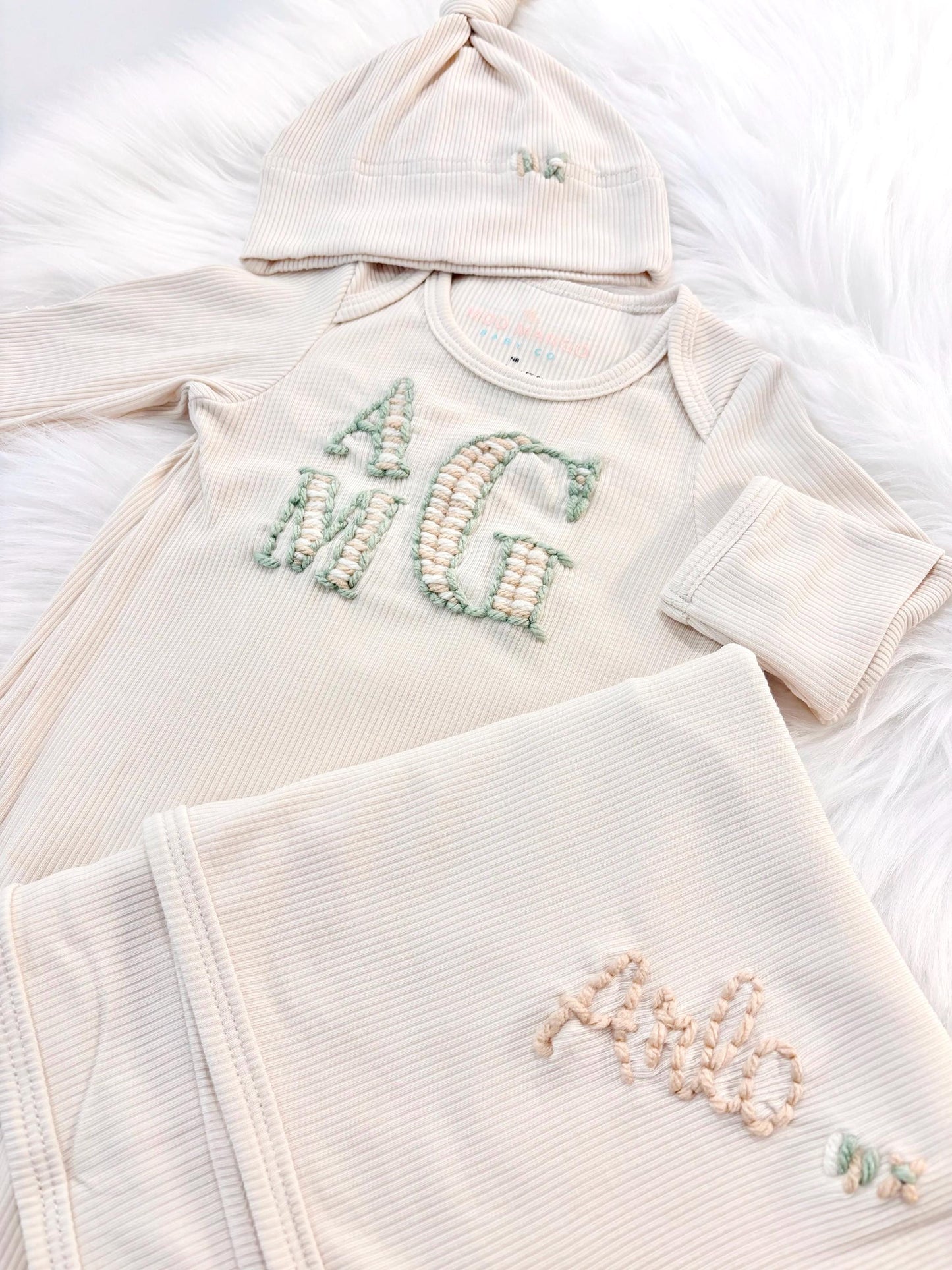 hand embroidered baby gown striped monogrammed initials for baby boy, personalized baby shower gift for boy, sage green cream tan beige cream baby gift, newborn swaddle and hat, coming home outfit, baby shower gift set, pregnancy announcement, custom newborn baby gown with name, hand embroidered baby gift set, the mod mango baby boutique co