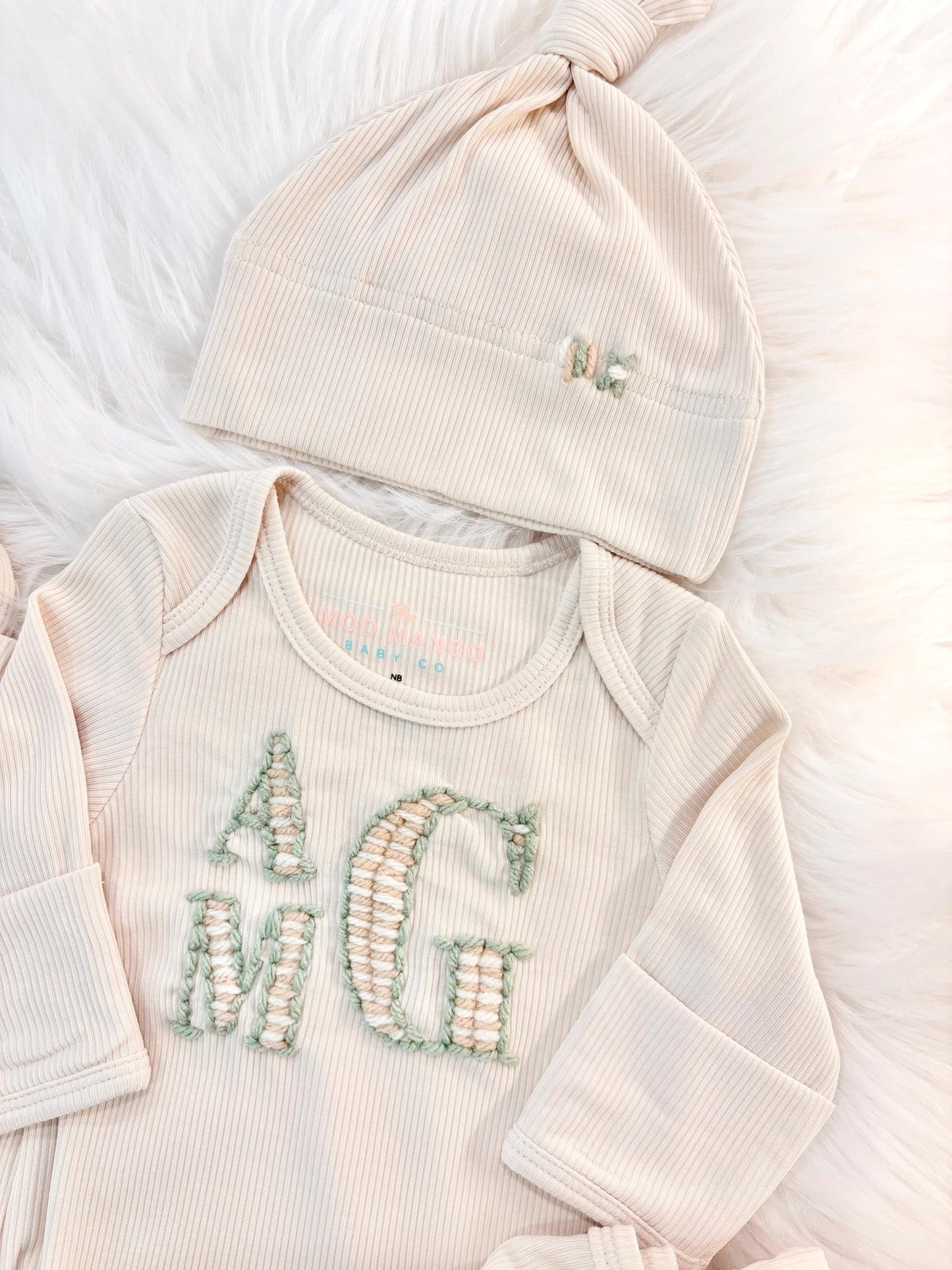 hand embroidered baby gown striped monogrammed initials for baby boy, personalized baby shower gift for boy, sage green cream tan beige cream baby gift, newborn swaddle and hat, coming home outfit, baby shower gift set, pregnancy announcement, custom newborn baby gown with name, hand embroidered baby gift set, the mod mango baby boutique co
