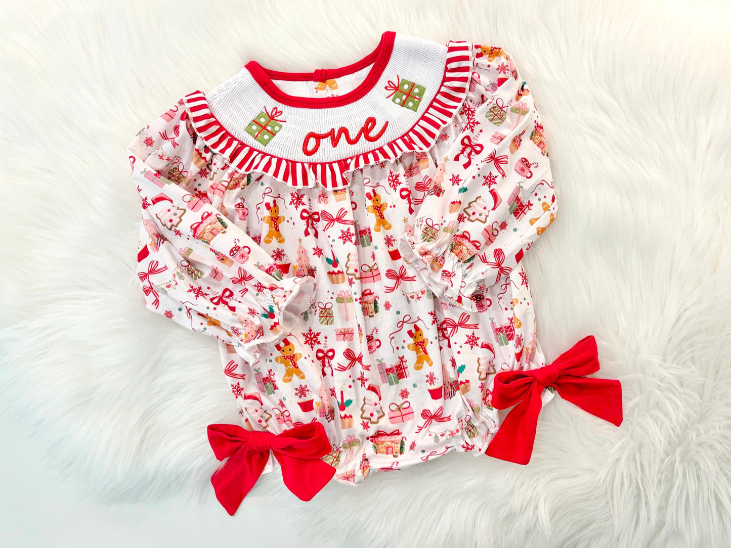 red christmas bow oh what fun it is to be one first birthday girl romper red green white pink outfit, red and white striped stripes ruffle smocked bubble romper first birthday holiday christmas ruffle bows embroidered smocked long sleeve 1st birthday outfit romper baby girls, the mod mango, the mod mango baby co baby boutique