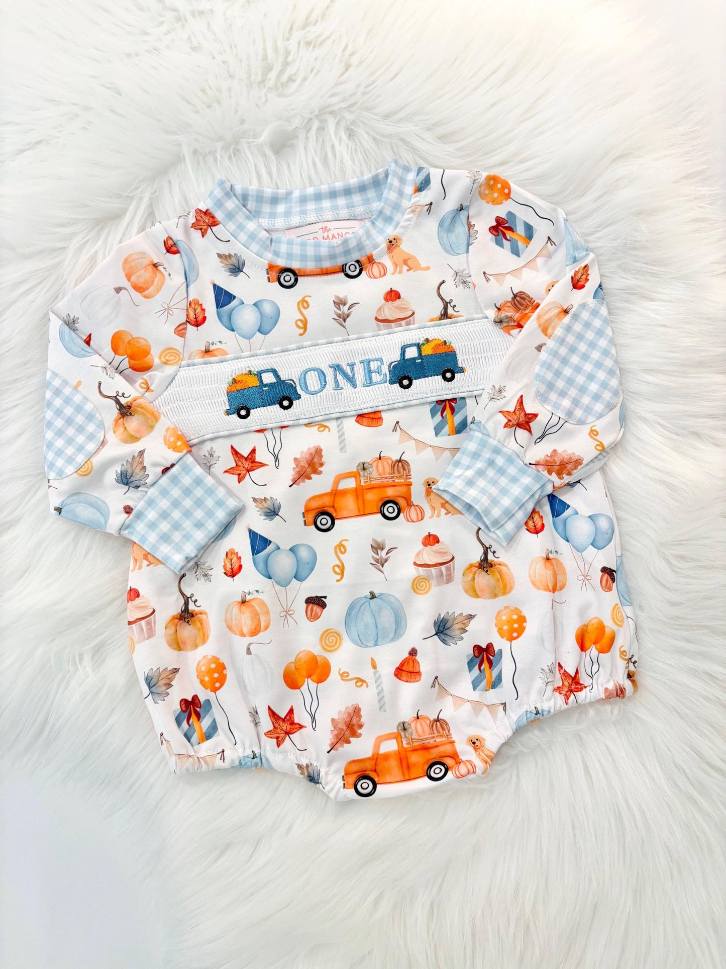 little pumpkin one shirt first birthday boy romper fall orange blue white gingham checkered outfit, ONE smocked bubble romper first birthday fall pumpkins puppy dog truck leaves blue pumpkin, pumpkin truck embroidered smocked 1st birthday outfit romper baby boys, the mod mango baby co baby boutique