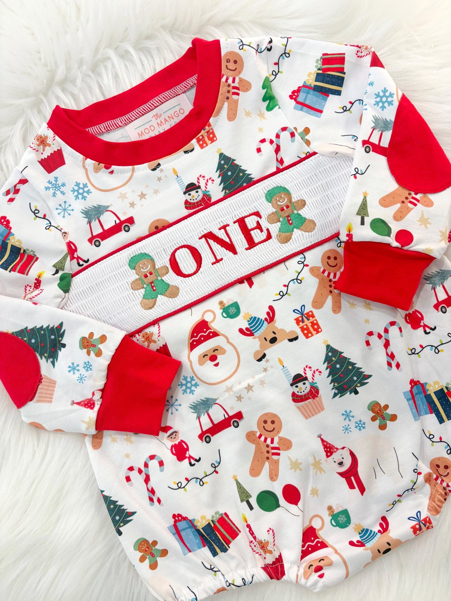 christmas gingerbread one shirt first birthday boy romper red white green blue tan holiday outfit, ONE smocked bubble romper first birthday christmas oh what fun candy canes christmas trees boys, santa claus embroidered smocked 1st birthday outfit romper baby boys, the mod mango baby co baby boutique