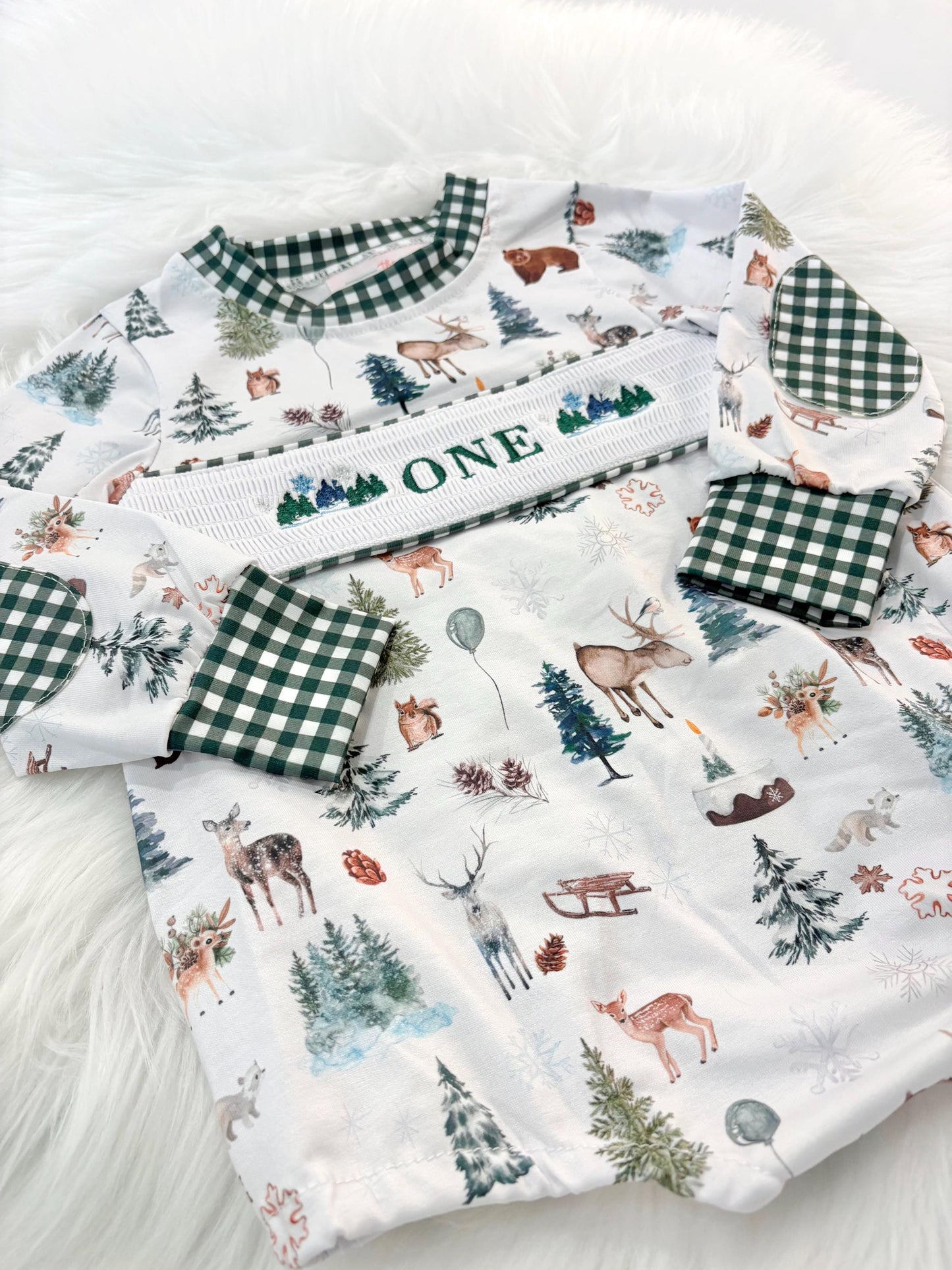 Christmas winter onederland wonderland shirt first birthday boy romper holiday blue brown hunter green white gingham checkered outfit, ONE smocked bubble romper first birthday bear pine trees deer woodland animals, snowflake and pine trees embroidered smocked 1st birthday outfit romper baby boys, the mod mango baby co baby boutique