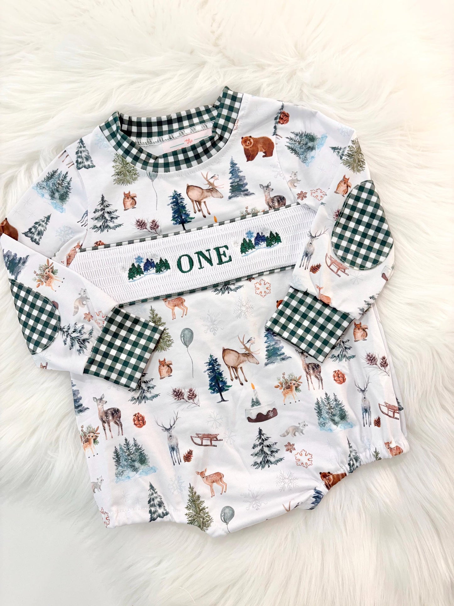 Christmas winter onederland wonderland shirt first birthday boy romper holiday blue brown hunter green white gingham checkered outfit, ONE smocked bubble romper first birthday bear pine trees deer woodland animals, snowflake and pine trees embroidered smocked 1st birthday outfit romper baby boys, the mod mango baby co baby boutique