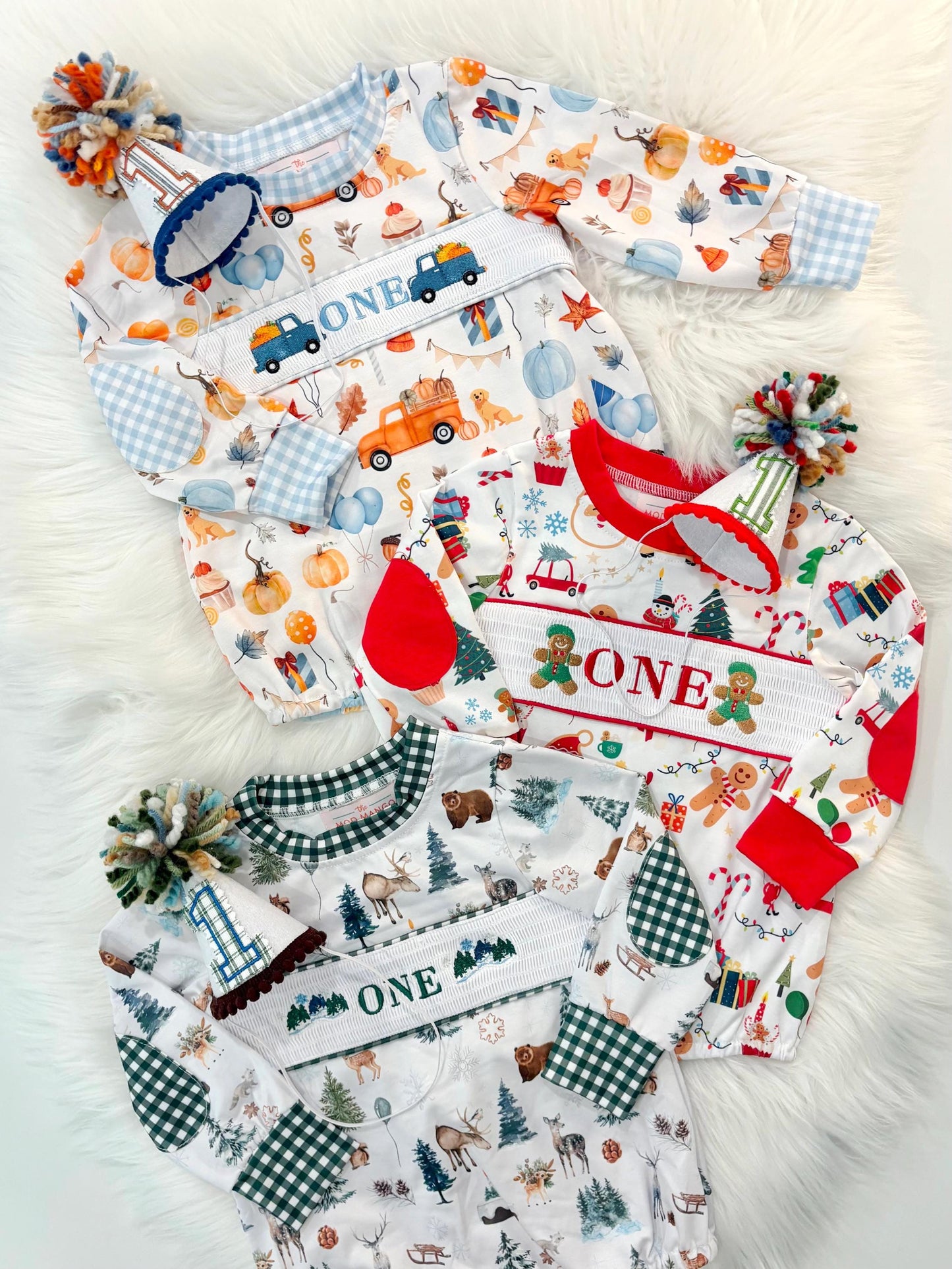 Christmas winter onederland wonderland shirt first birthday boy romper holiday blue brown hunter green white gingham checkered outfit, ONE smocked bubble romper first birthday bear pine trees deer woodland animals, snowflake and pine trees embroidered smocked 1st birthday outfit romper baby boys, the mod mango baby co baby boutique