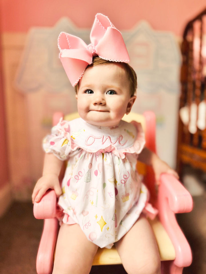 one silly goose girls first birthday bubble romper outfit pink bows first birthday girl romper pink and white outfit, pink sage green smocked dress first birthday embroidered goose smocked short sleeve 1st birthday outfit ruffle dress baby girls