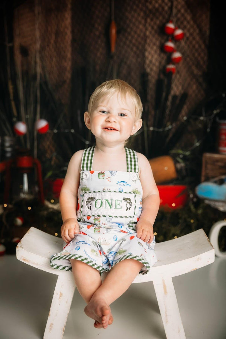 ofishally one first birthday boy romper fishing hunter green white gingham red blue smash cake outfit overalls, ONE smocked romper first birthday fish party fishing, outdoors embroidered smocked spring summer 1st birthday boy outfit romper baby boys