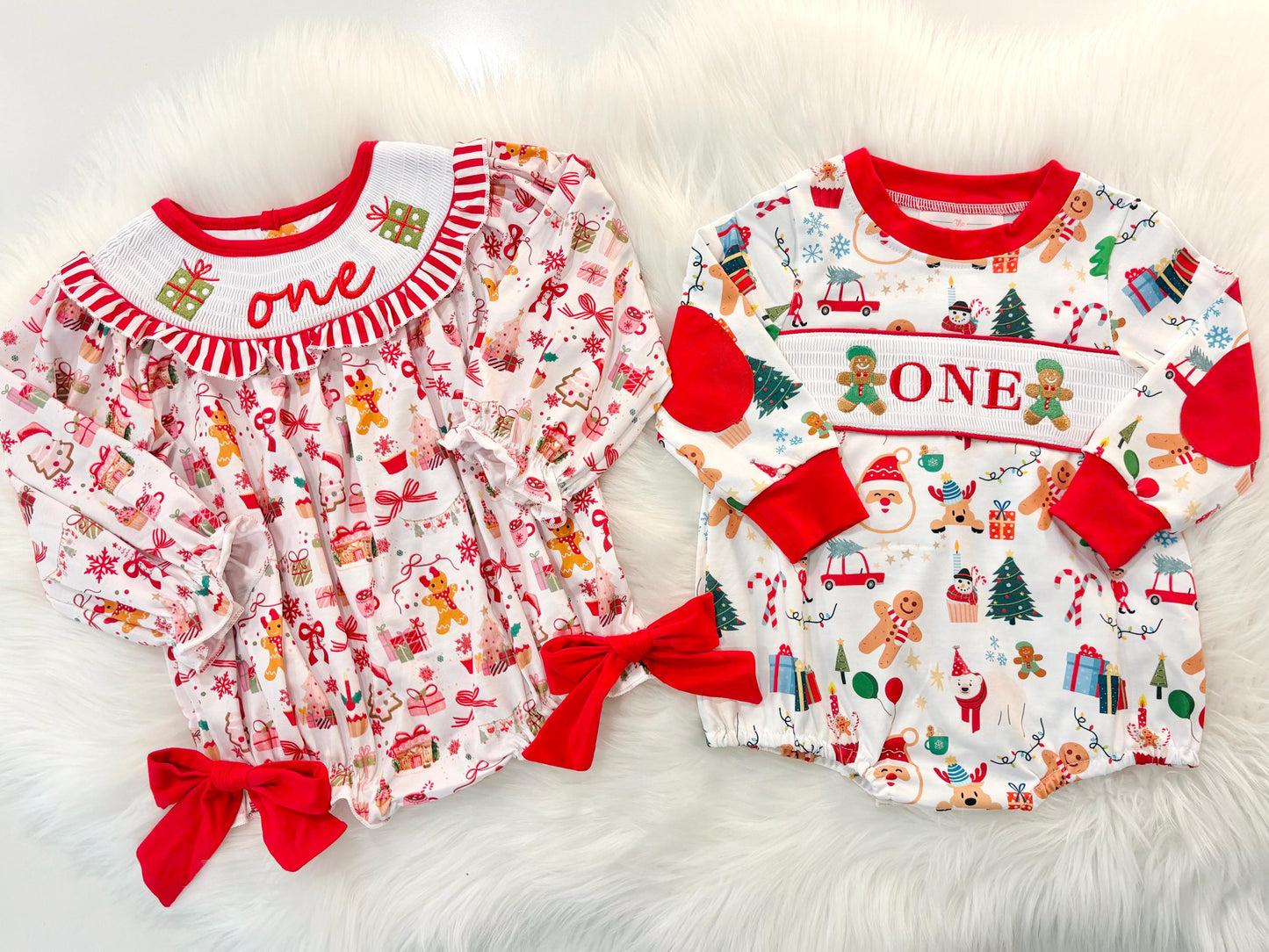 red christmas bow oh what fun it is to be one first birthday girl romper red green white pink outfit, red and white striped stripes ruffle smocked bubble romper first birthday holiday christmas ruffle bows embroidered smocked long sleeve 1st birthday outfit romper baby girls, the mod mango, the mod mango baby co baby boutique