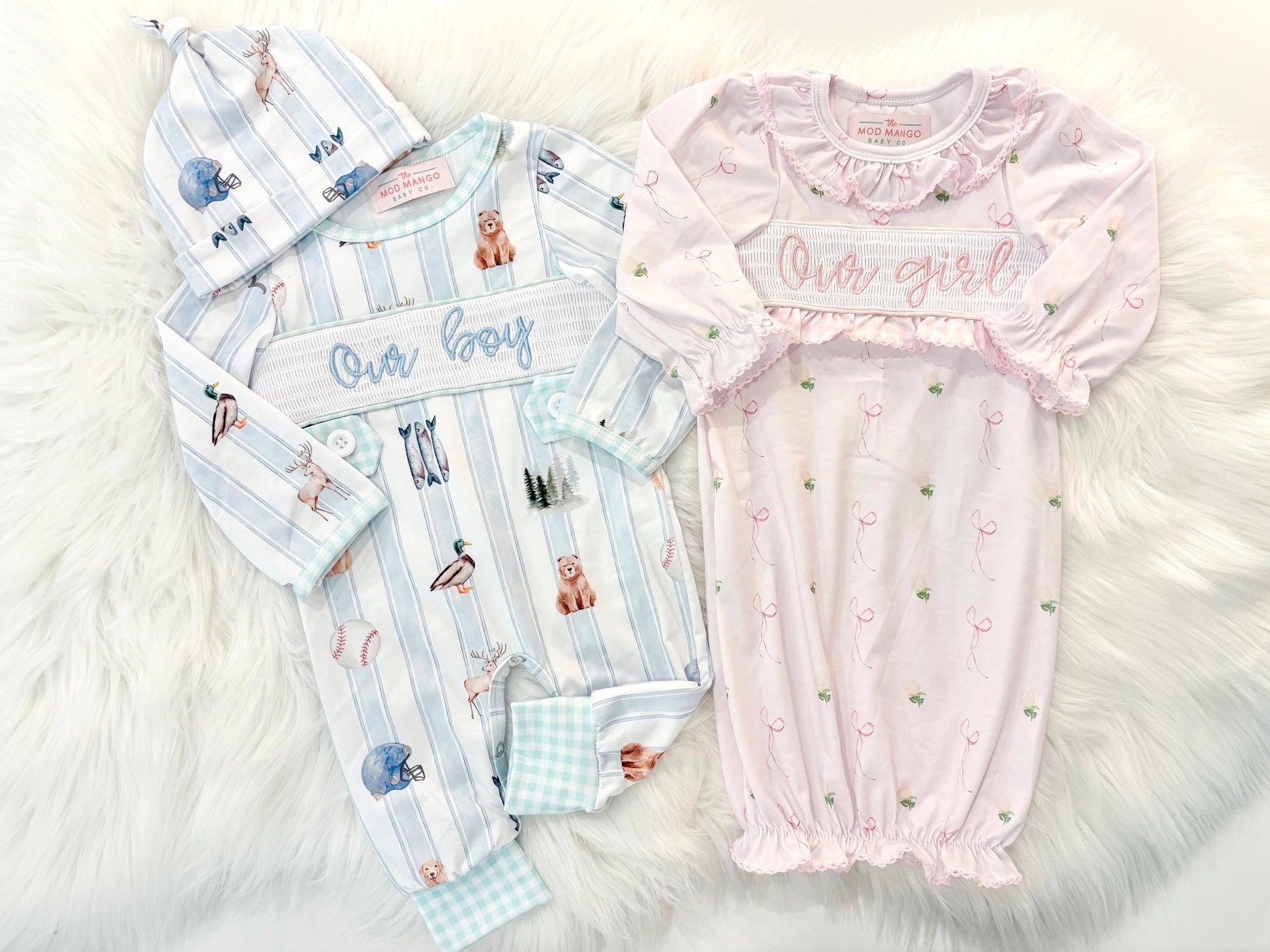 boy girl twins newborn boys baby blue and white smocked baby romper outfit bodysuit and knotted hat with stripes and boy hunting for baby, fish buck deer bear football sports baseball mallard duck puppy dog pine trees outdoor all american boy, our boy monogram baby shower gift for boy, light blue and mint green gingham baby gift, newborn coming home outfit, baby shower gift set, pregnancy announcement, custom newborn baby romper outfit, boutique smock, the mod mango baby boutique co
