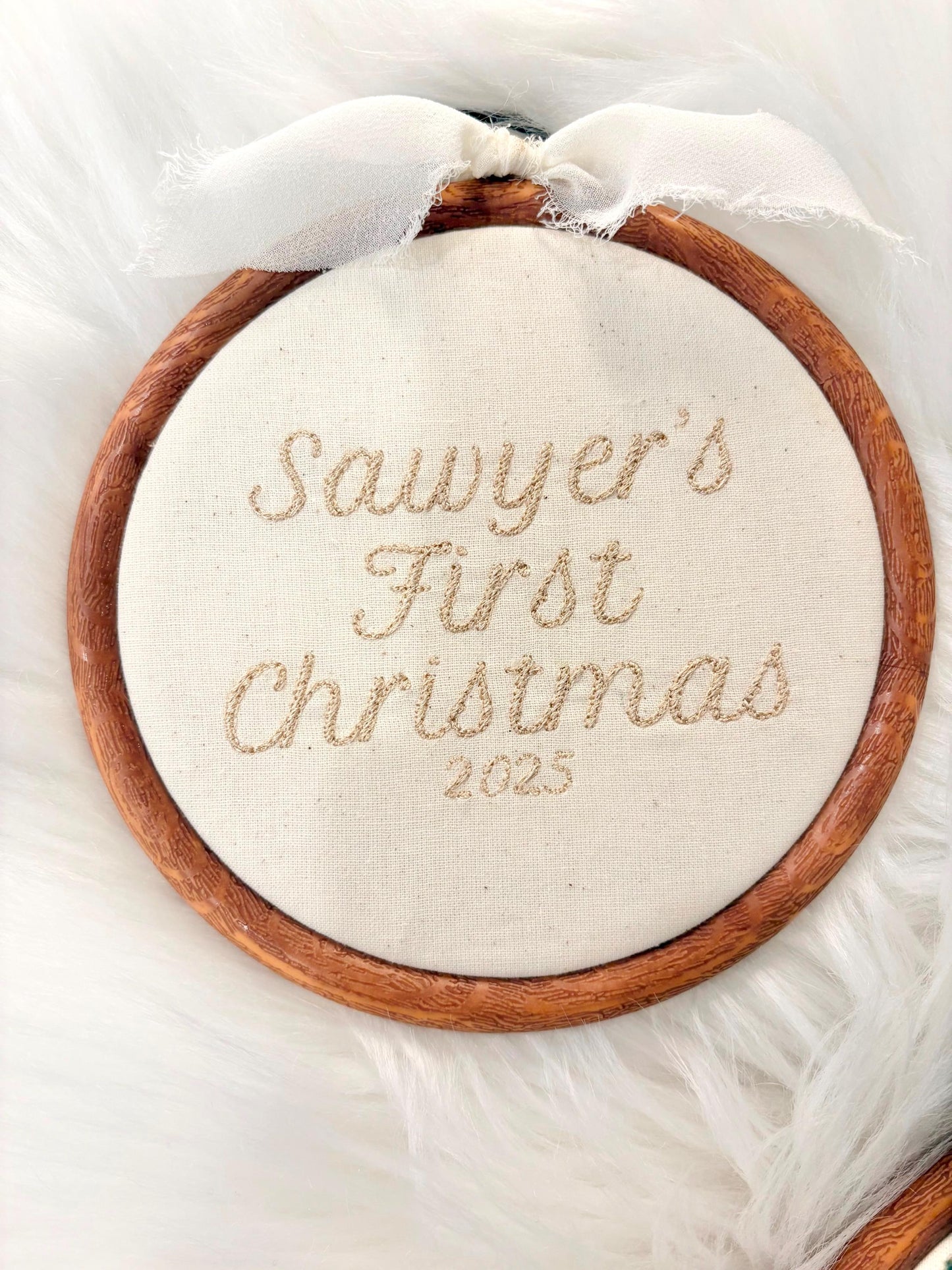 cream and beige linen gender neutral Custom Name Embroidery Hoop, Newborn Baby's First Christmas Embroidered Hoop Ornament Keepsake Milestone baby name hoop, holiday baby embroidery customized baby name linen red blue pink beige neutral green gold, wooden embroidery hoop baby room decor, first milestone keepsake