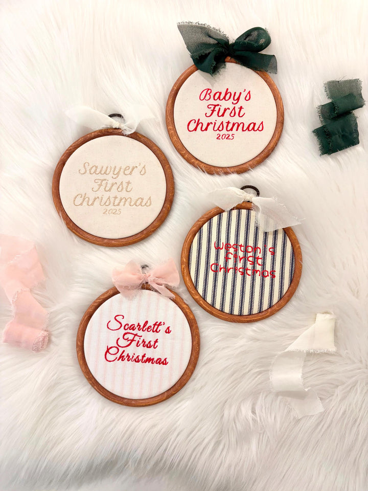 Custom Name Embroidery Hoop, Newborn Baby's First Christmas Embroidered Hoop Ornament Keepsake Milestone baby name hoop, holiday baby embroidery customized baby name linen red blue pink beige neutral green gold, wooden embroidery hoop baby room decor, first milestone keepsake