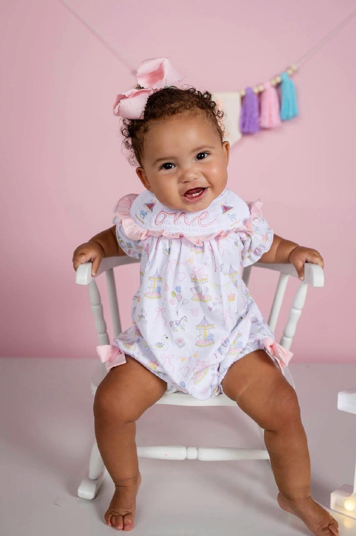 carousel merry go round girls first birthday bubble romper outfit pink bows first birthday girl romper pink and white outfit, pink blue green white pastel smocked romper first birthday embroidered carousel smocked short sleeve 1st birthday outfit ruffle outfit baby girls, the mod mango baby boutique co