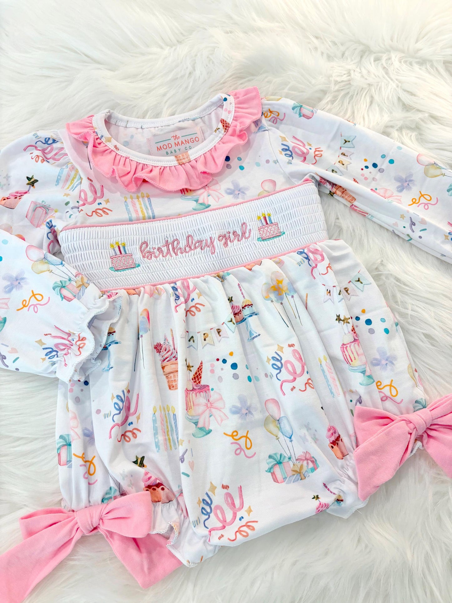 pink first birthday smocked bubble romper outfit its fun to be one pink bow ruffle first birthday girl romper pink and white outfit, birthday cake pink white smocked bubble romper first birthday winter bows ruffle bows embroidered smocked long sleeve 1st birthday outfit romper baby girls, the mod mango baby boutique co