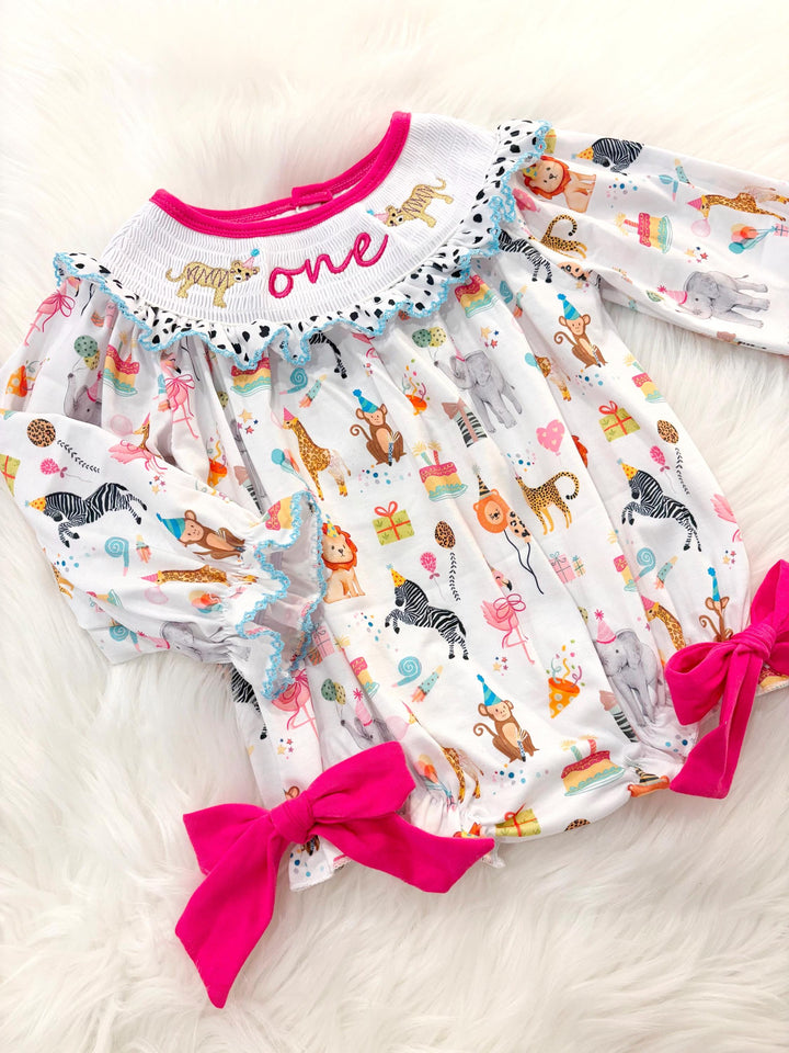 zoo party circus animal first birthday outfit, pink first birthday smocked bubble romper outfit hot pink animal print bow ruffle first birthday girl romper pink and white outfit, colorful rainbow pink turquoise white smocked bubble romper first birthday winter bows ruffle bows embroidered smocked long sleeve 1st birthday outfit romper baby girls, the mod mango baby boutique co