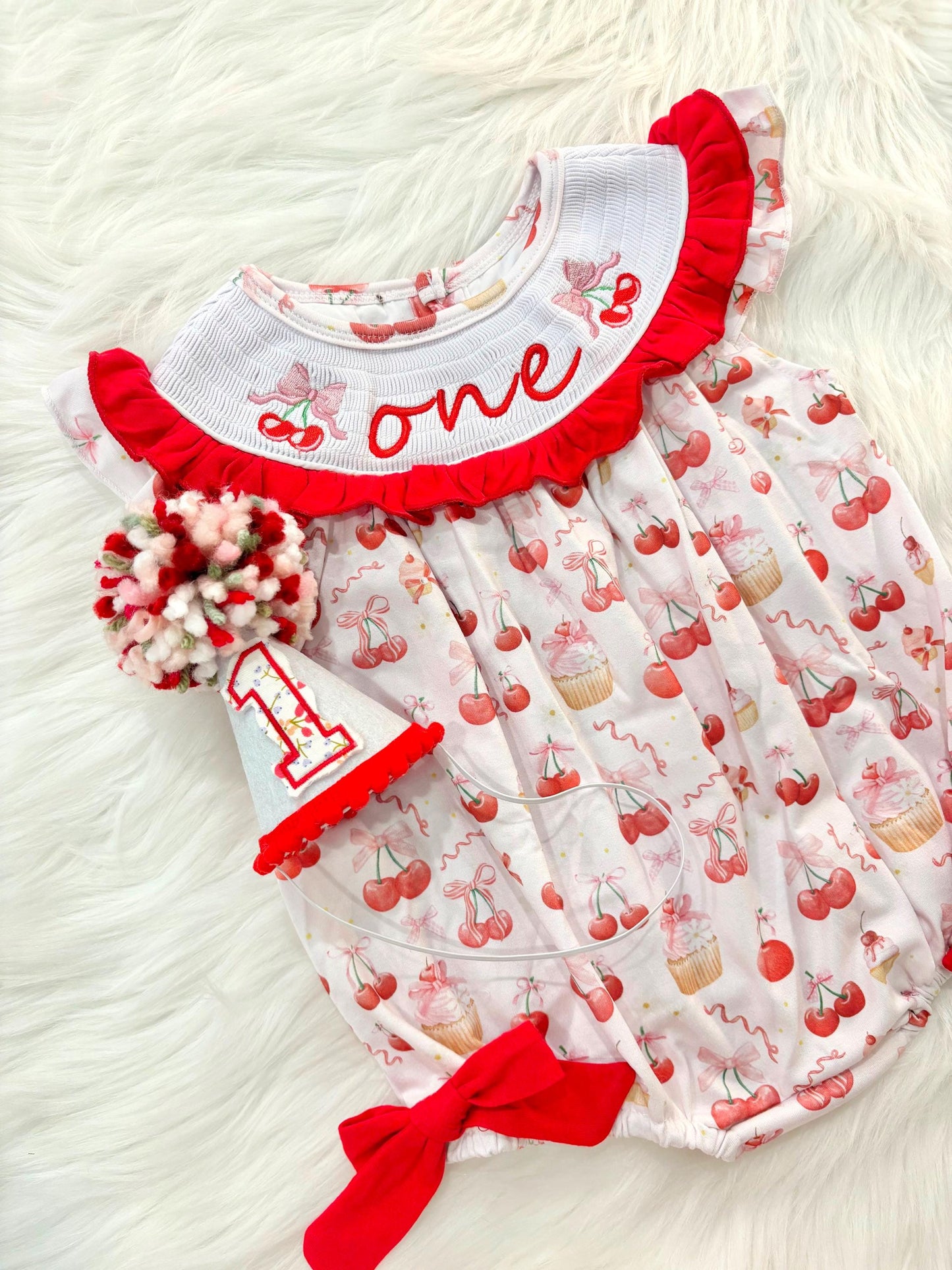 Red Cherry First Birthday Girl Outfit ONE Smocked Bubble Romper